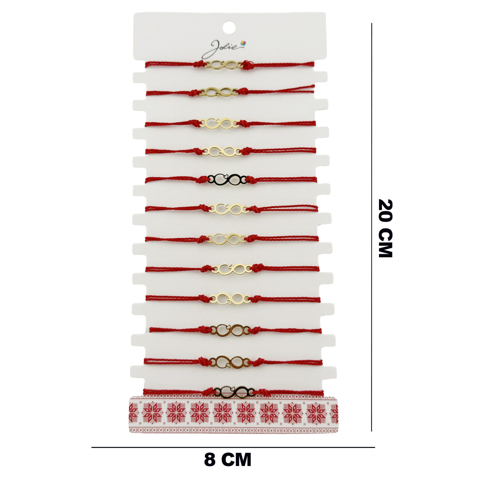 Bratara Martisor pentru Dama, Jolie, Model Infinit, Set 12 bucati, Pandativ din Inox Auriu, Snur Ajustabil Impletit, Rosu 2