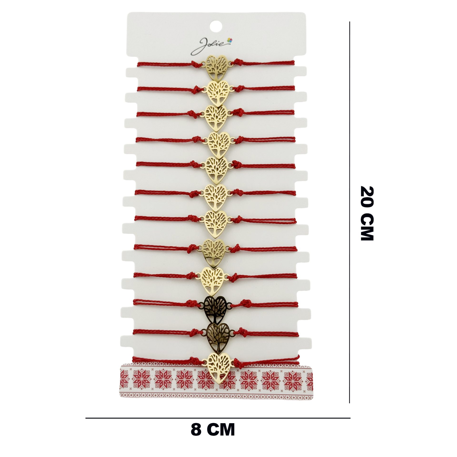 Bratara Martisor pentru Dama, Jolie, Model Copac in Inima, Set 12 bucati, Pandativ din Inox Auriu, Snur Ajustabil Impletit, Rosu 2