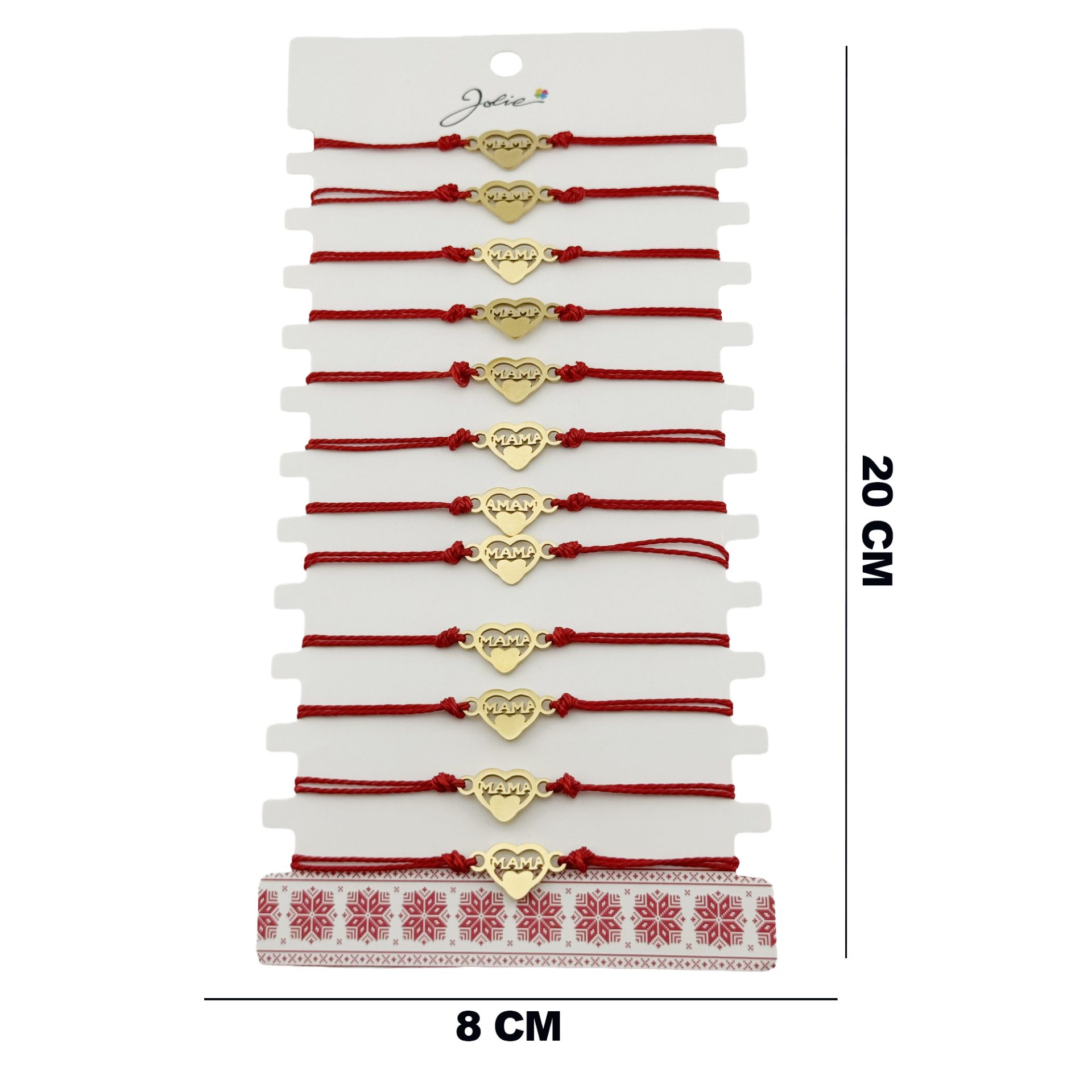Bratara Martisor pentru Dama, Jolie, Model Inima Mama, Set 12 bucati, Pandativ din Inox Auriu, Snur Ajustabil Impletit, Rosu 2