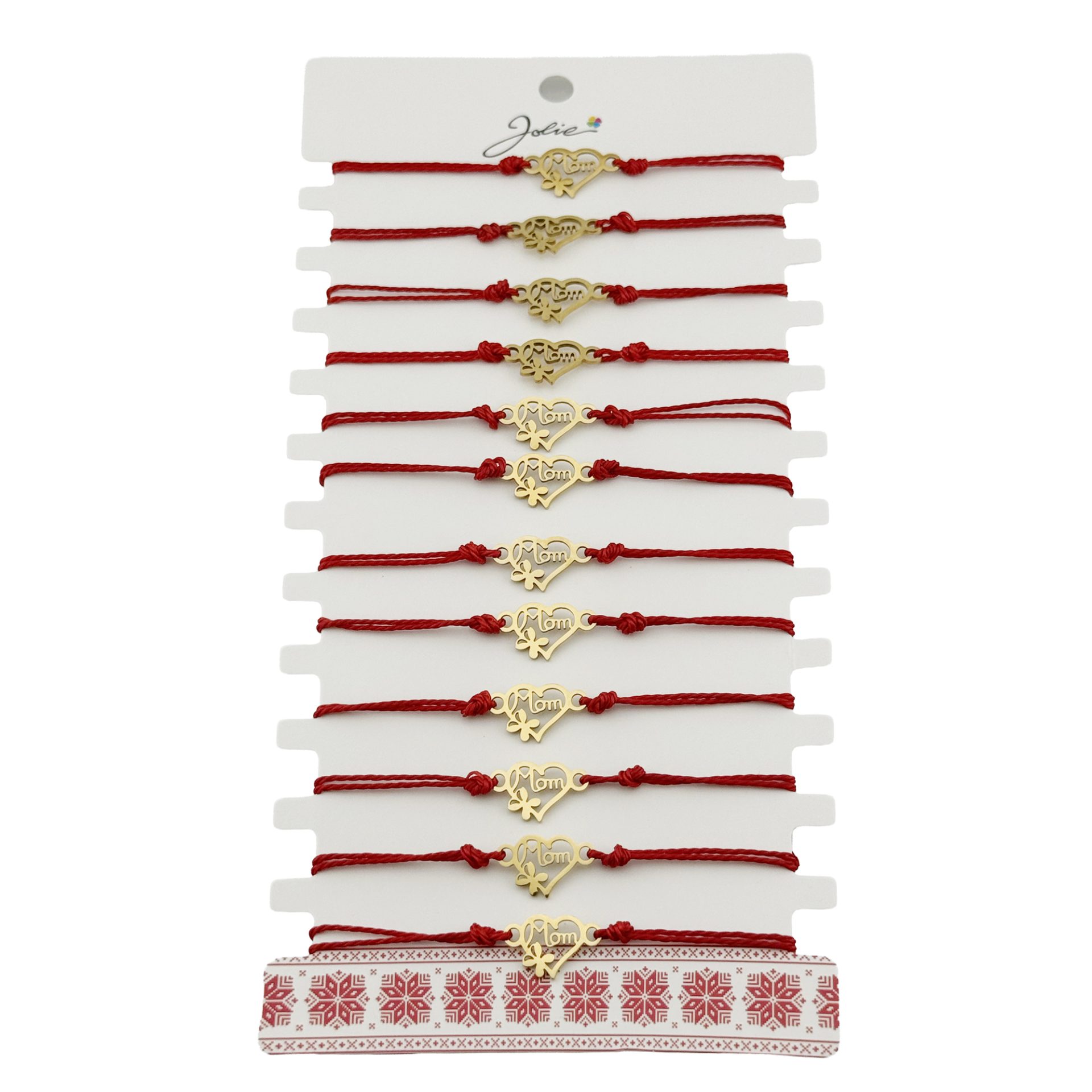 Bratara Martisor pentru Dama, Jolie, Model Inima Mama si Trifoi, Set 12 bucati, Pandativ din Inox Auriu, Snur Ajustabil Impletit, Rosu 1