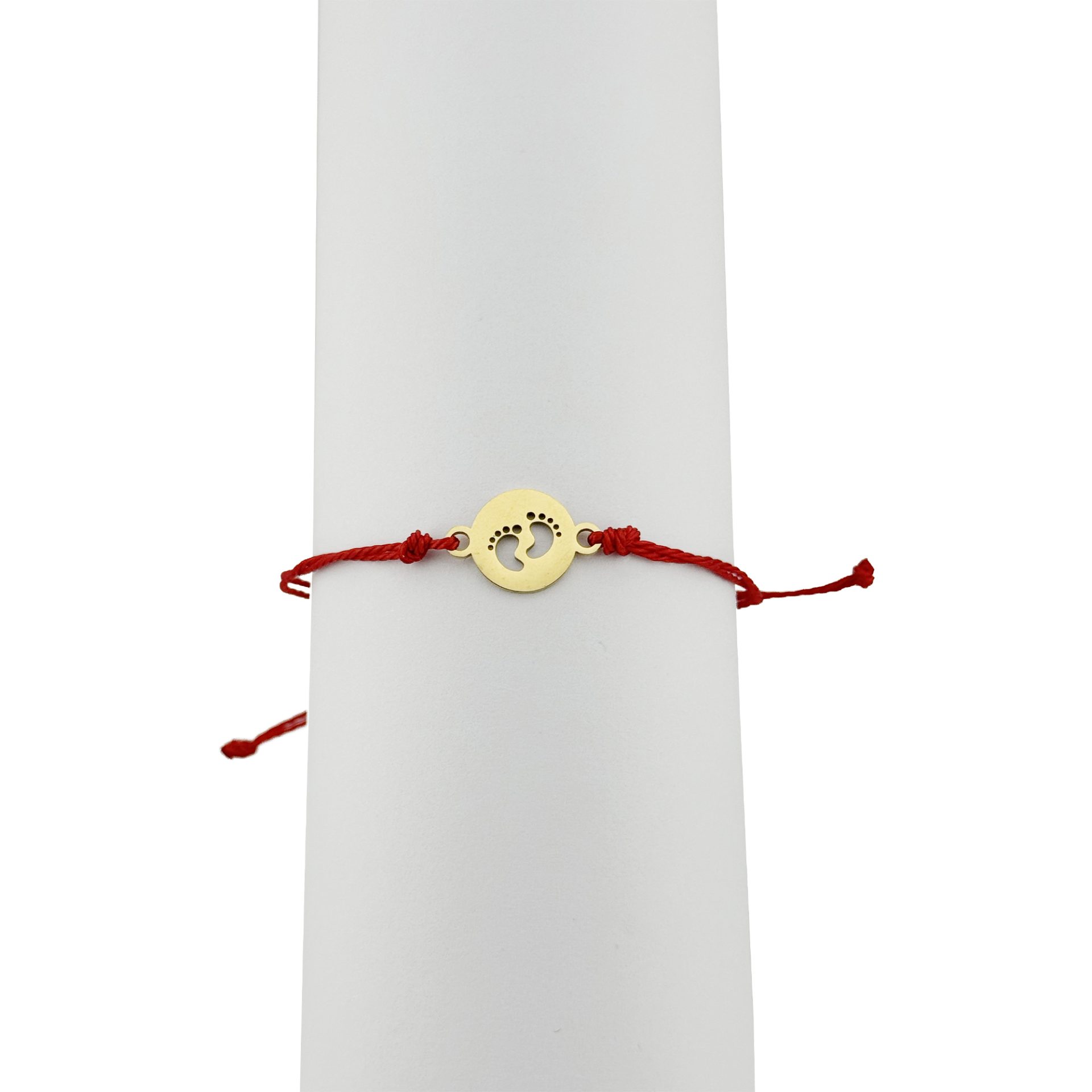 Bratara Martisor pentru Dama, Jolie, Model Picioruse, Set 12 bucati, Pandativ din Inox Auriu, Snur Ajustabil Impletit, Rosu 3