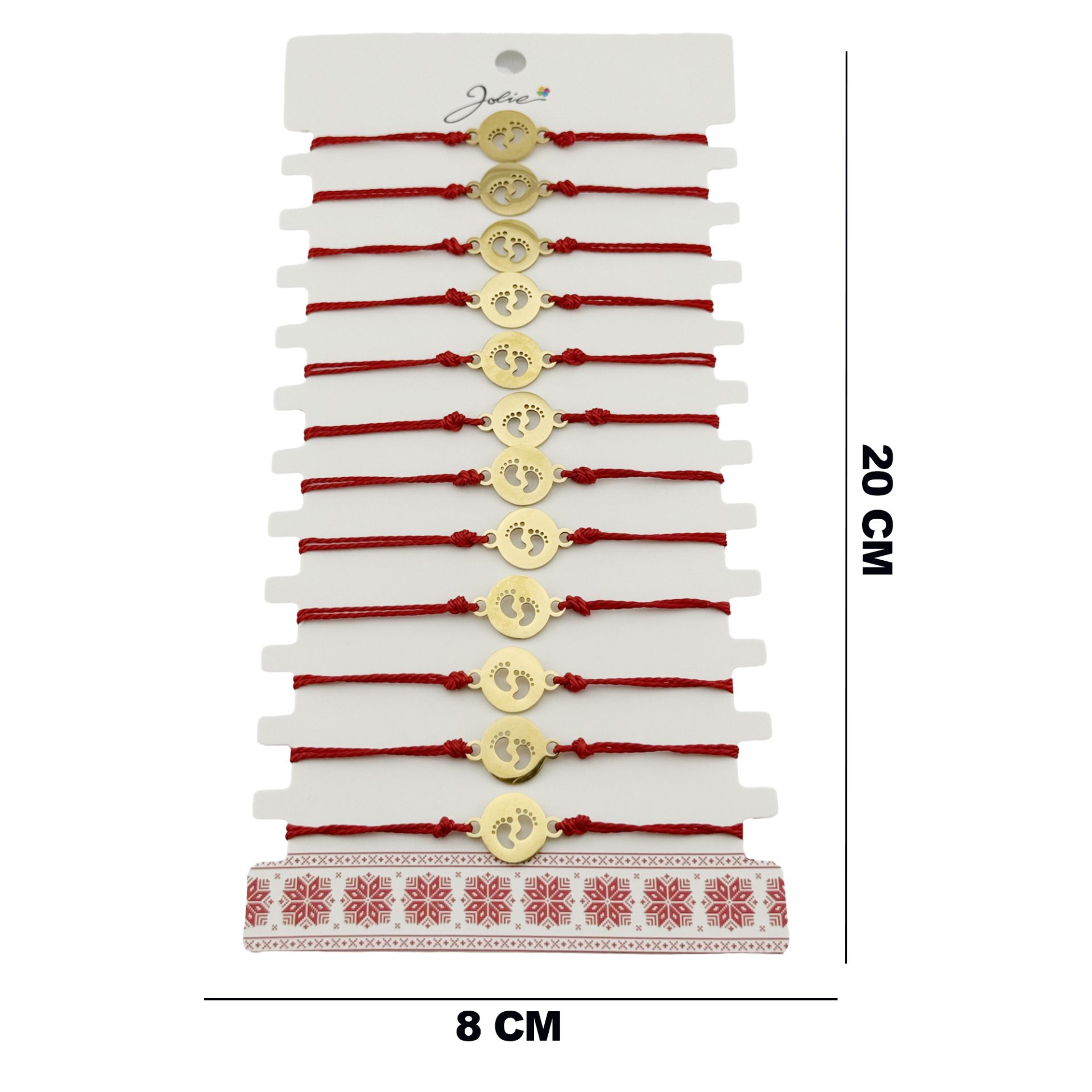 Bratara Martisor pentru Dama, Jolie, Model Picioruse, Set 12 bucati, Pandativ din Inox Auriu, Snur Ajustabil Impletit, Rosu 2