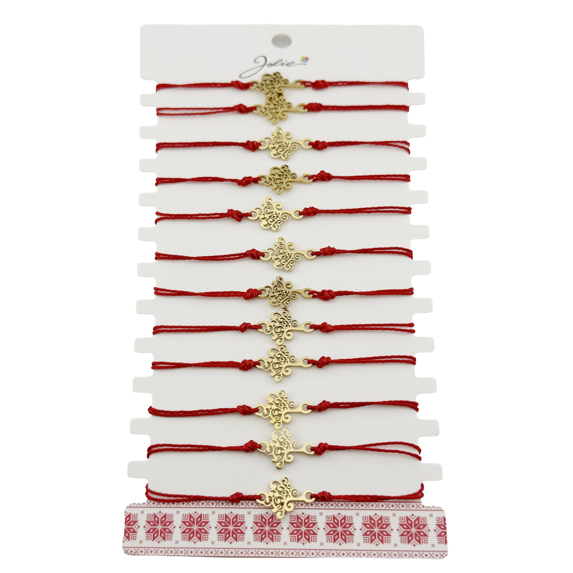 Bratara Martisor pentru Dama, Jolie, Model Copac, Set 12 bucati, Pandativ din Inox Auriu, Snur Ajustabil Impletit, Rosu