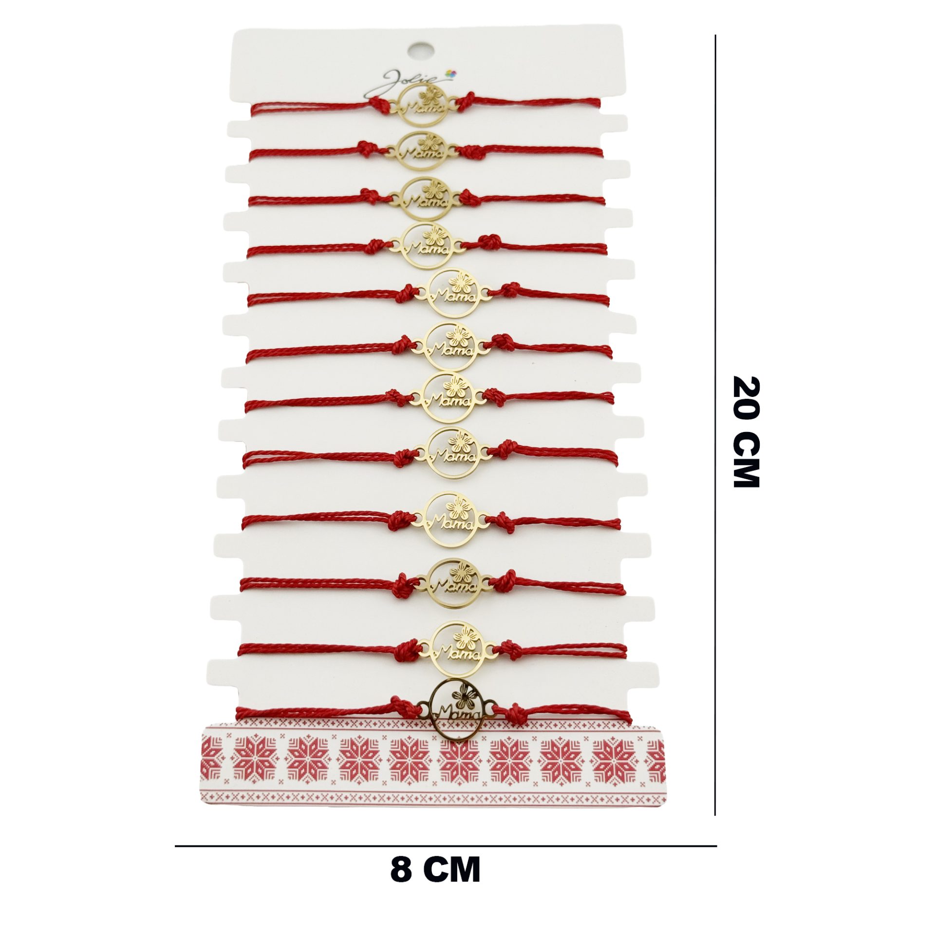 Bratara Martisor pentru Dama, Jolie, Model Mama cu Floare, Set 12 bucati, Pandativ din Inox Auriu, Snur Ajustabil Impletit, Rosu 2