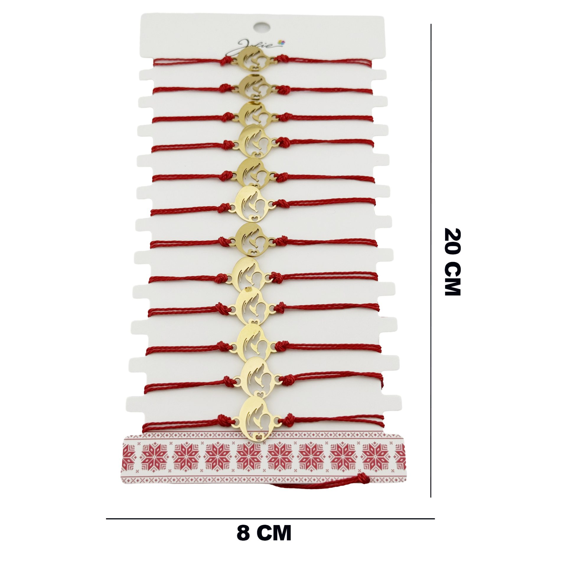 Bratara Martisor pentru Dama, Jolie, Model Mama cu Copil, Set 12 bucati, Pandativ din Inox Auriu, Snur Ajustabil Impletit, Rosu 2