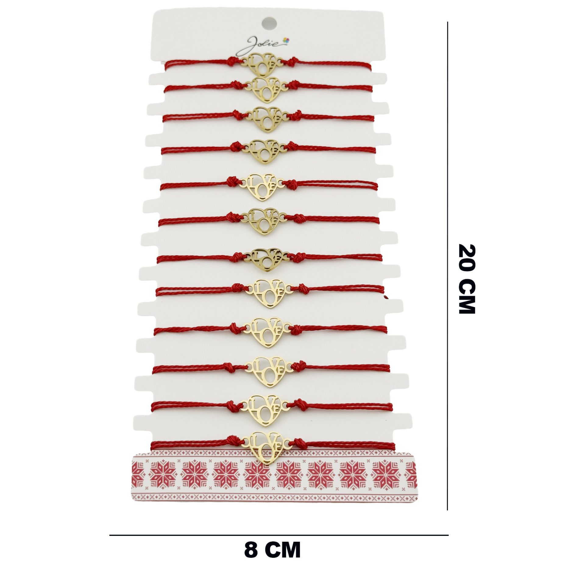 Bratara Martisor pentru Dama, Jolie, Model Love, Set 12 bucati, Pandativ din Inox Auriu, Snur Ajustabil Impletit, Rosu 2