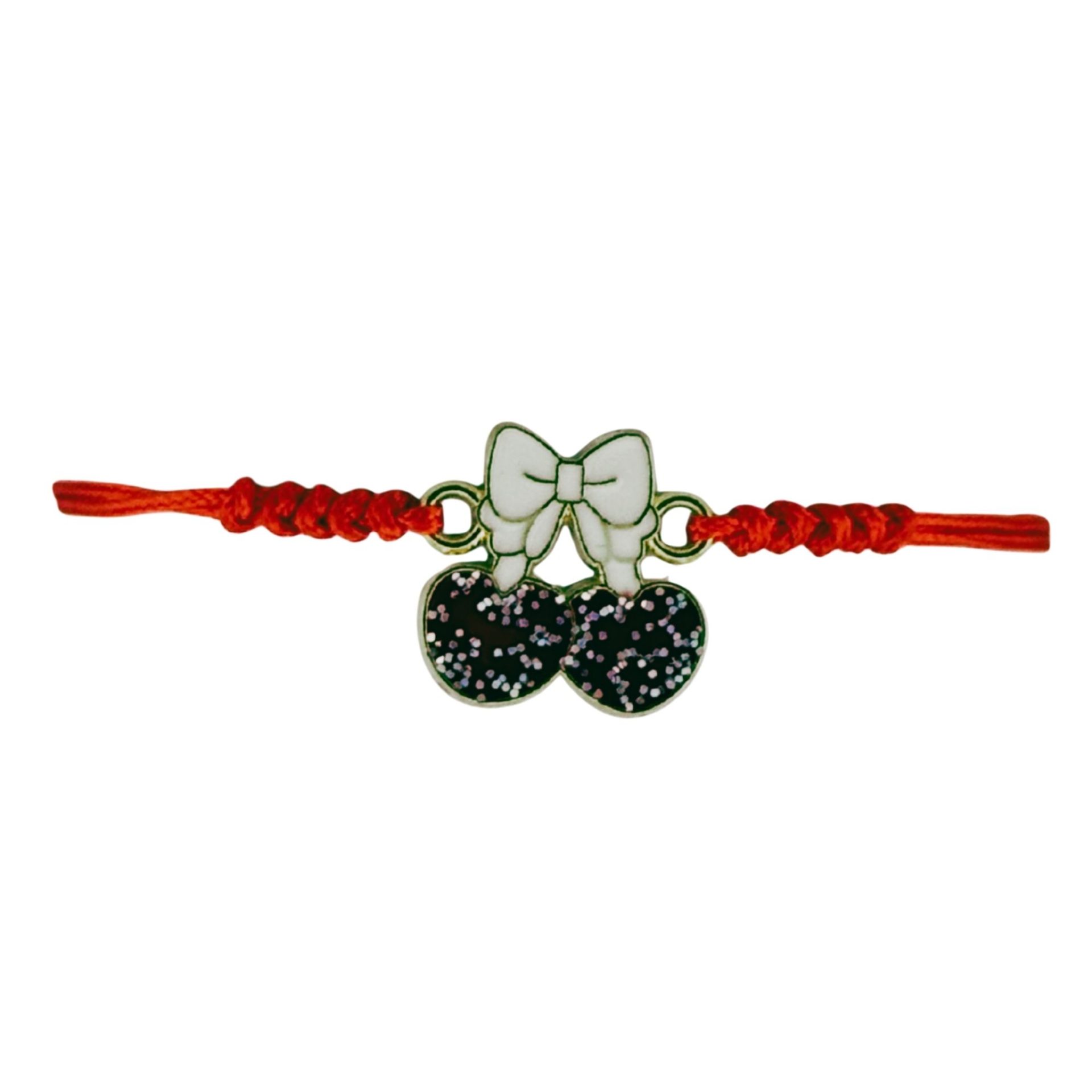 Martisor Bratara pentru Dama si Copii, Jolie, Model Cirese cu Fundita si Sclipici, Set 12 bucati, Pandantiv Emailat, Snur Reglabil, Rosu/Alb 2