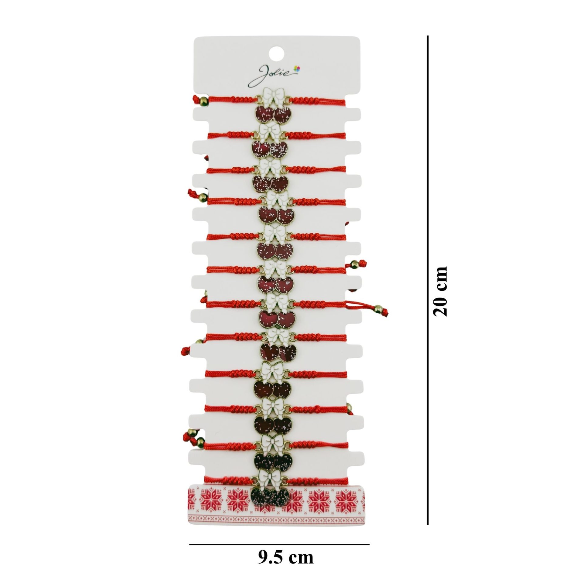 Martisor Bratara pentru Dama si Copii, Jolie, Model Cirese cu Fundita si Sclipici, Set 12 bucati, Pandantiv Emailat, Snur Reglabil, Rosu/Alb 3