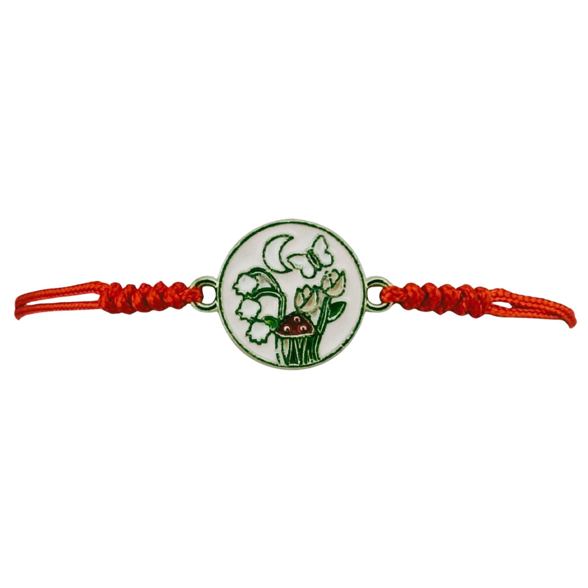 Martisor Bratara pentru Dama si Copii, Jolie, Model Gradina Magica cu Lacramioare si Fluture, Set 12 bucati, Pandantiv Emailat, Snur Reglabil, Rosu/Alb 2