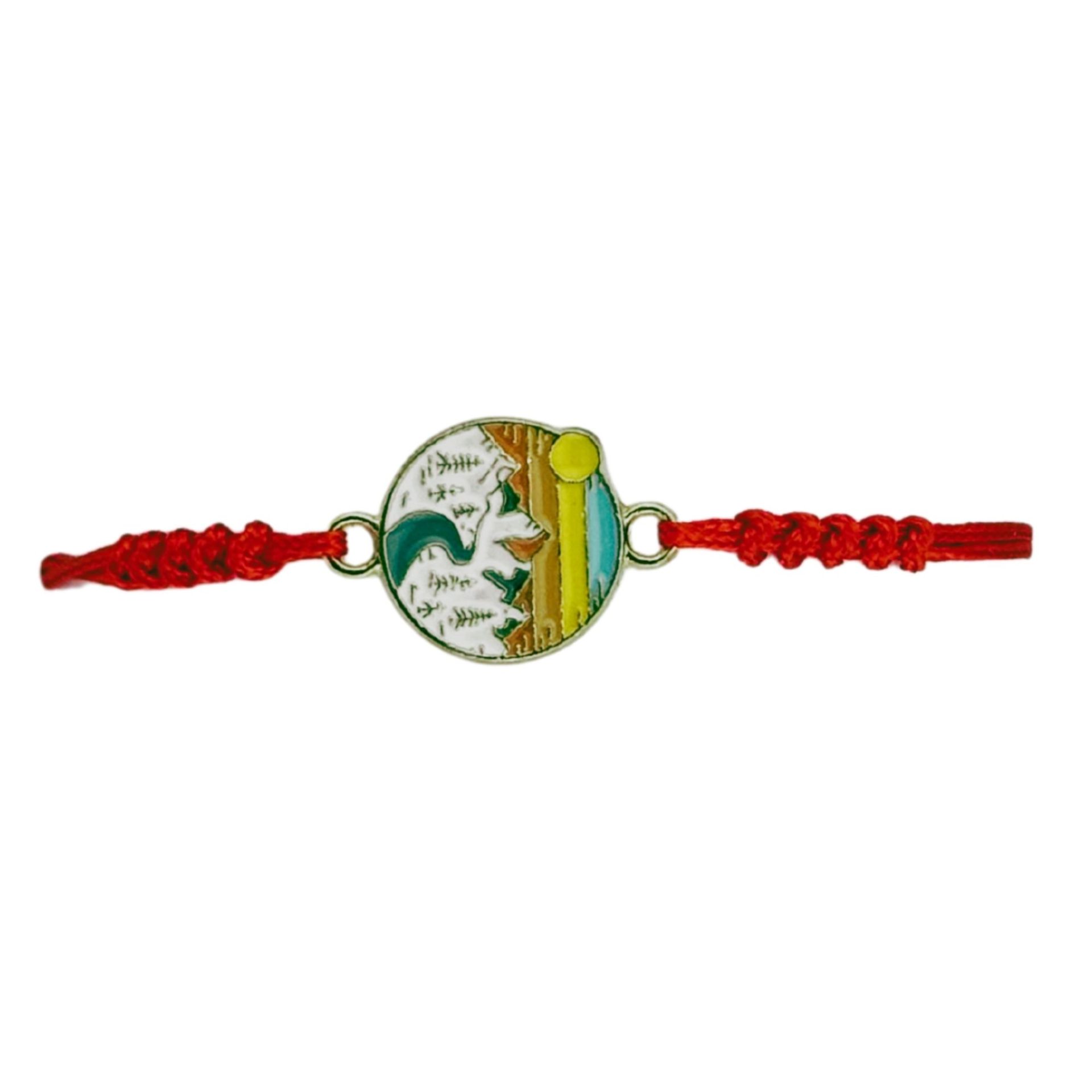 Martisor Bratara pentru Dama si Copii, Jolie, Model Peisaj Natura si Munte, Set 12 bucati, Pandantiv Emailat Rotund, Snur Reglabil, Rosu 2