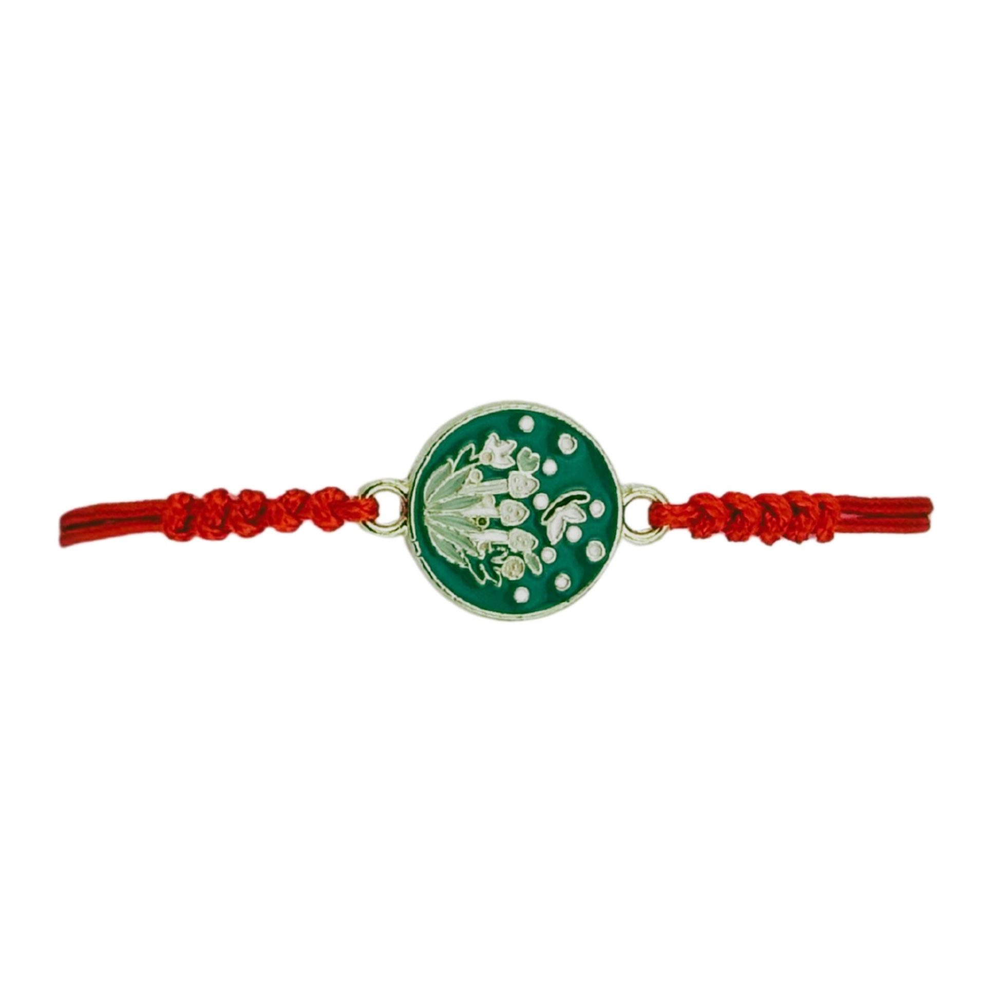 Martisor Bratara pentru Dama si Copii, Jolie, Model Lacramioare de Primavara, Set 12 bucati, Pandantiv Emailat Rotund, Snur Reglabil, Rosu/Verde 2