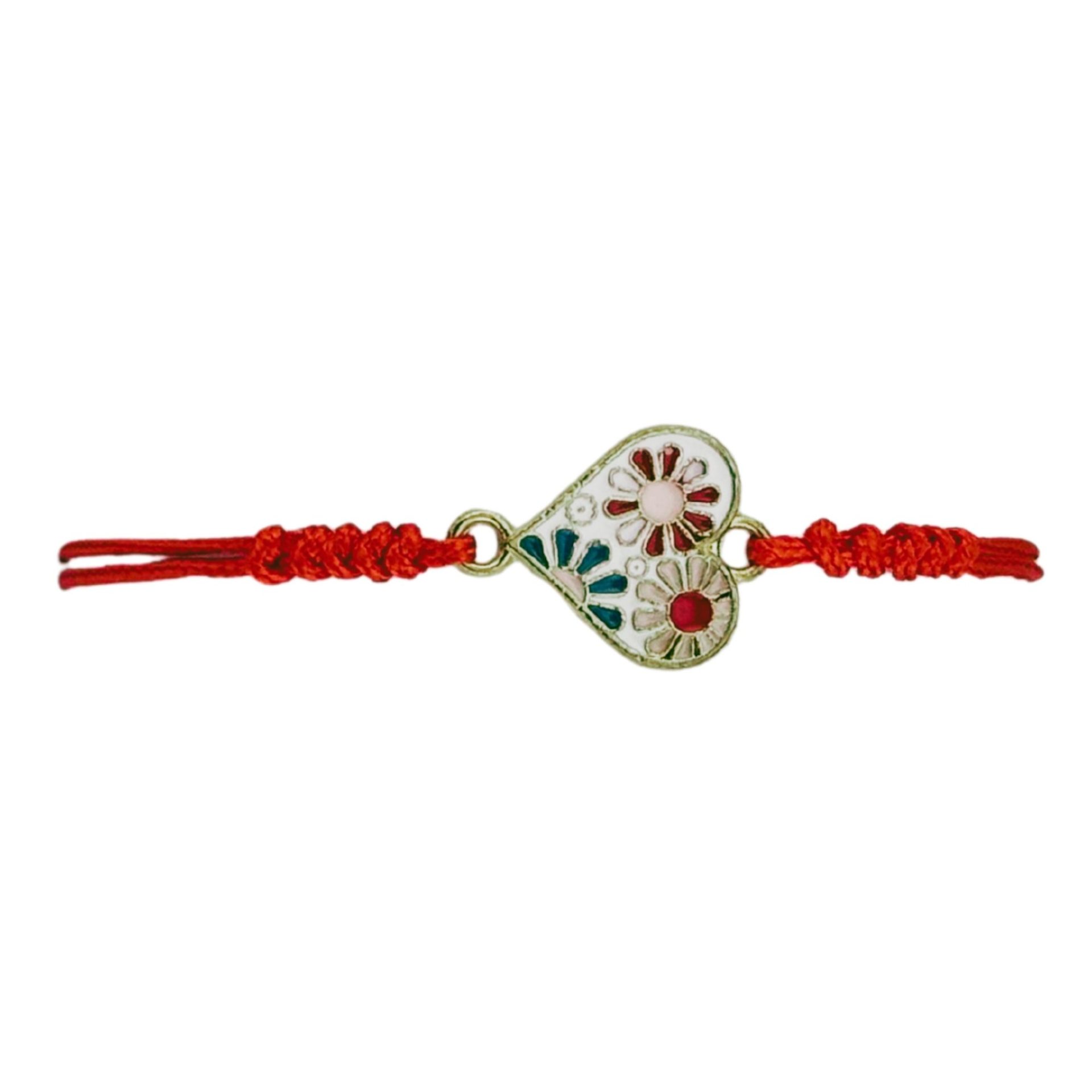 Martisor Bratara pentru Dama si Copii, Jolie, Model Inima cu Flori de Primavara, Set 12 bucati, Pandantiv Emailat, Snur Reglabil, Rosu/Multicolor 2