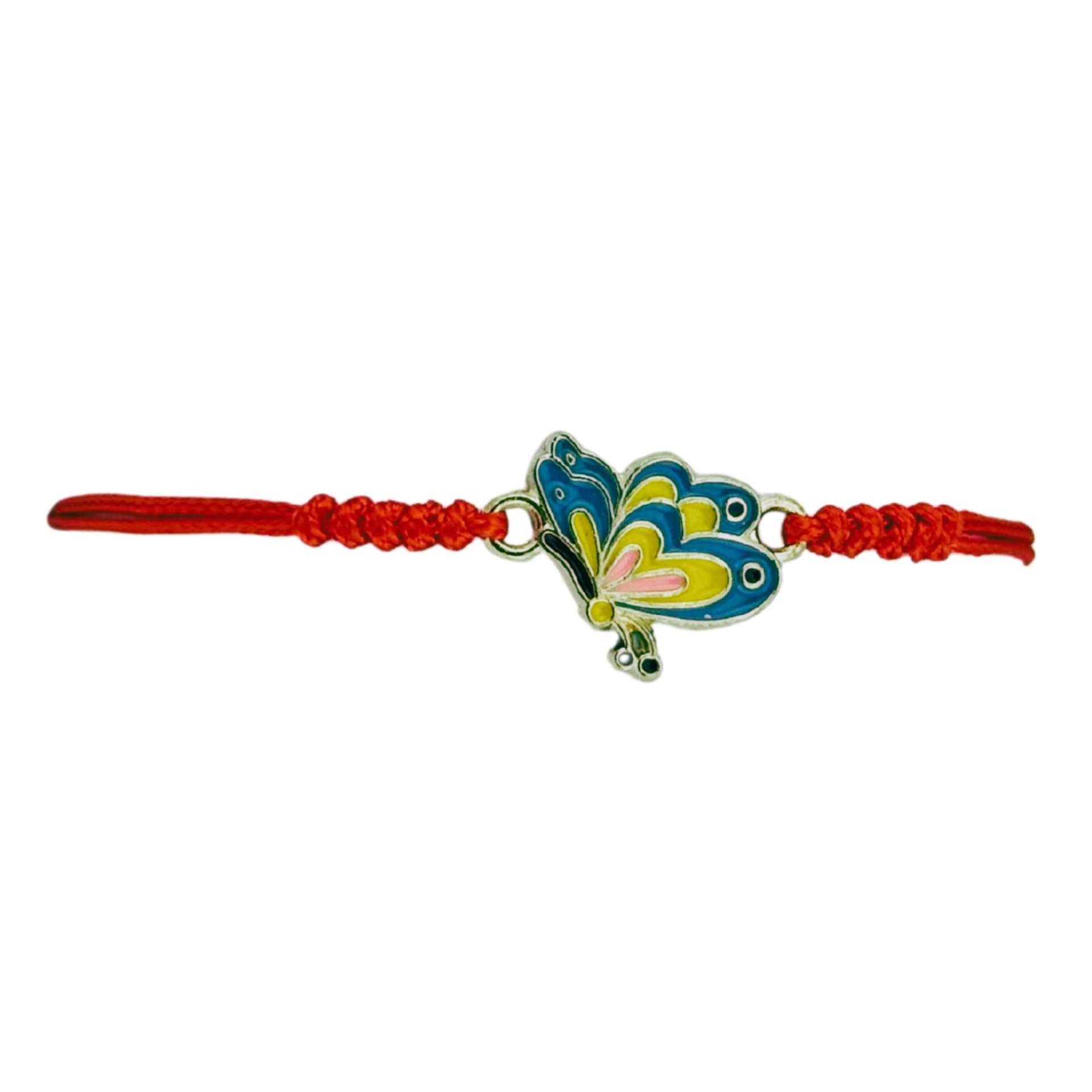 Martisor Bratara pentru Dama si Copii, Jolie, Model Fluture Albastru cu Galben, Set 12 bucati, Pandantiv Emailat, Snur Reglabil, Rosu 2