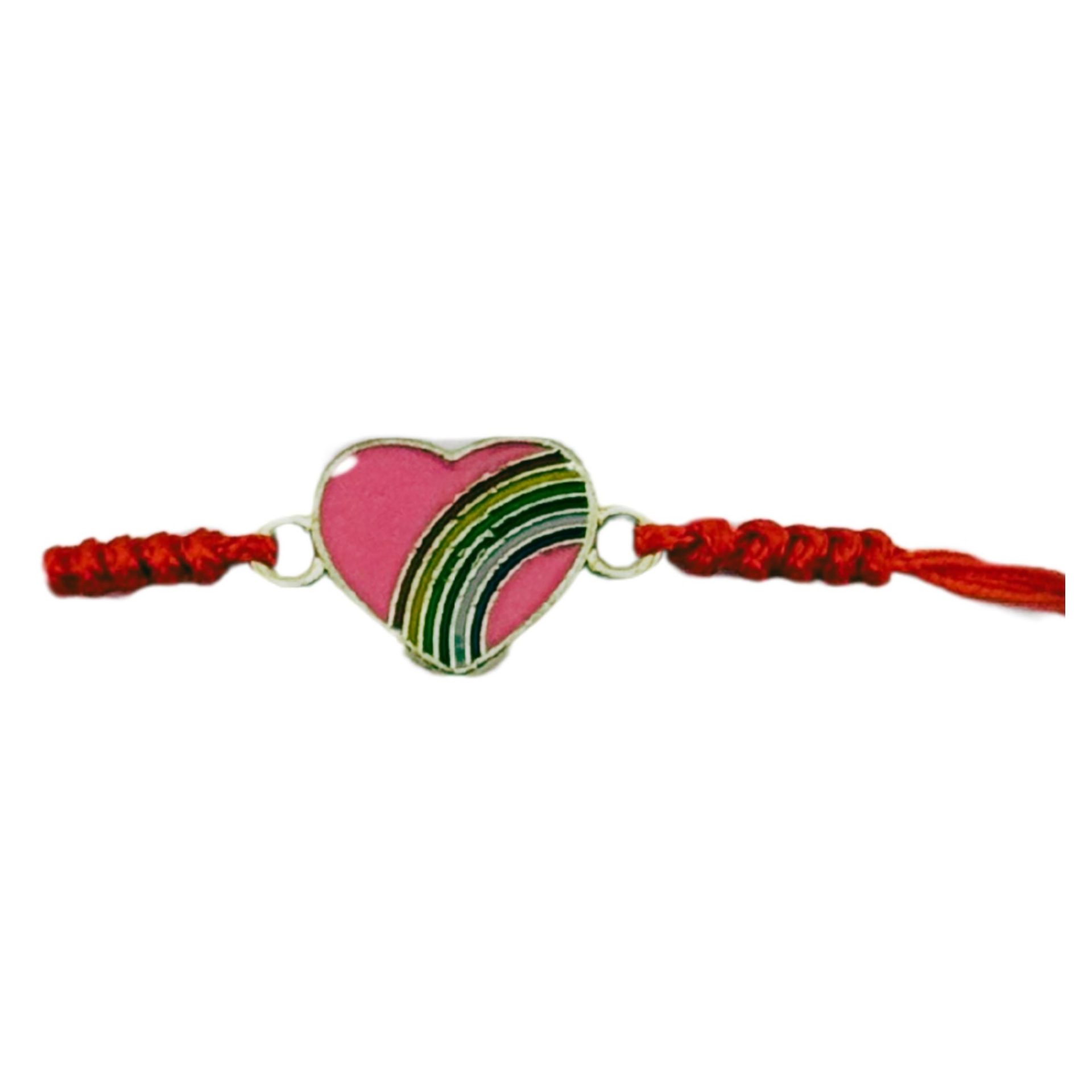 Martisor Bratara pentru Dama si Copii, Jolie, Model Inima cu Curcubeu Roz, Set 12 bucati, Pandantiv Emailat, Snur Reglabil, Rosu 2