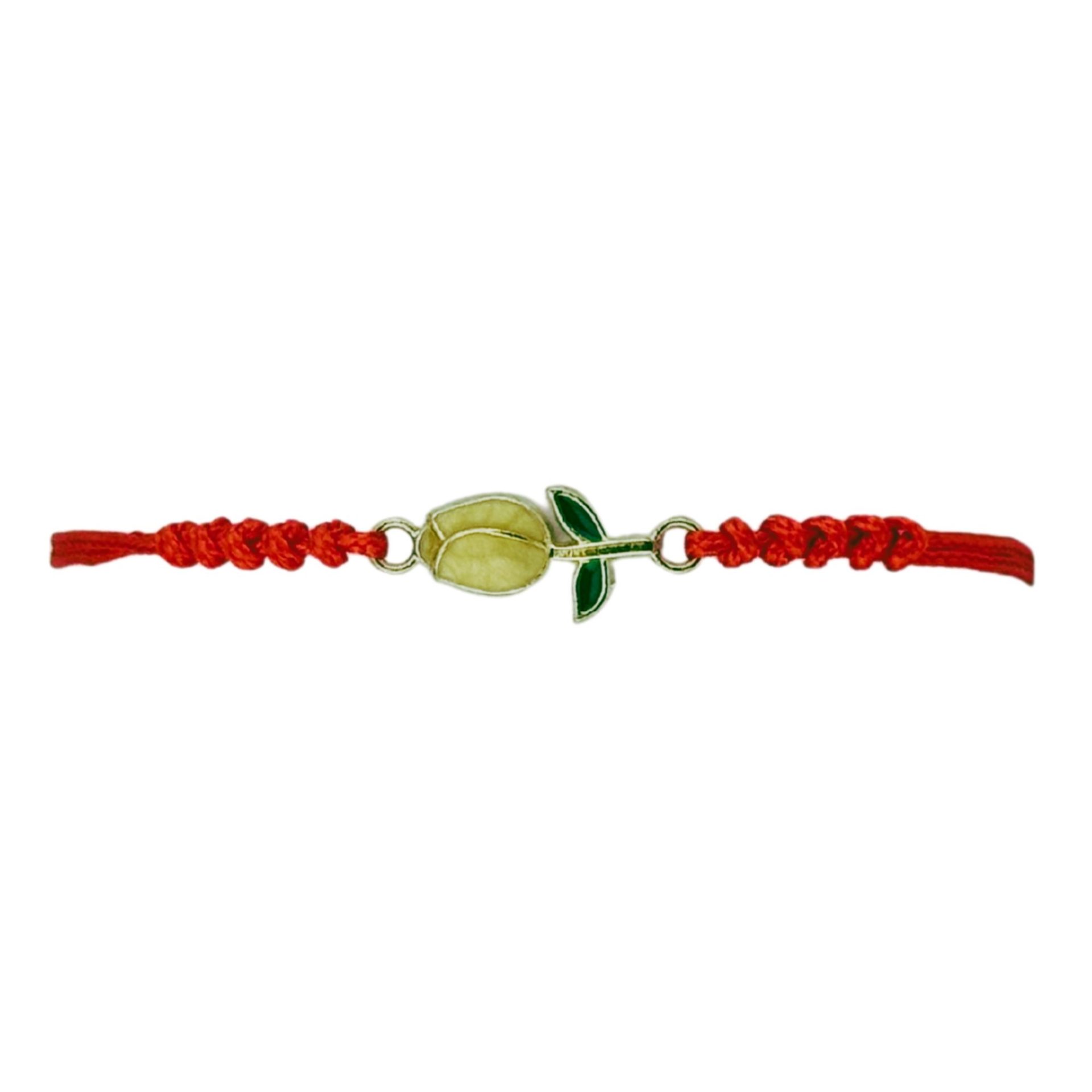 Martisor Bratara pentru Dama si Copii, Jolie, Model Lalea Galbena, Set 12 bucati, Pandantiv Emailat, Snur Reglabil, Rosu/Verde 2