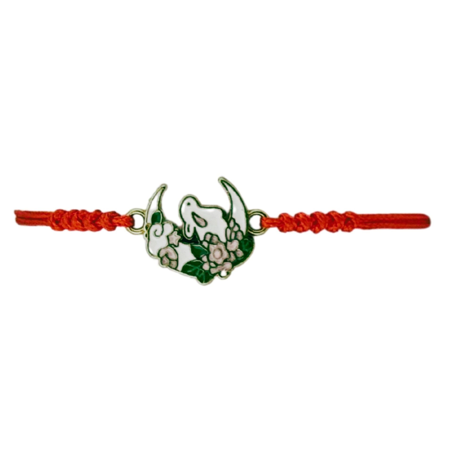Martisor Bratara pentru Dama si Copii, Jolie, Model Iepuras pe Semiluna cu Flori, Set 12 bucati, Pandantiv Emailat, Snur Reglabil, Rosu/Multicolor 2
