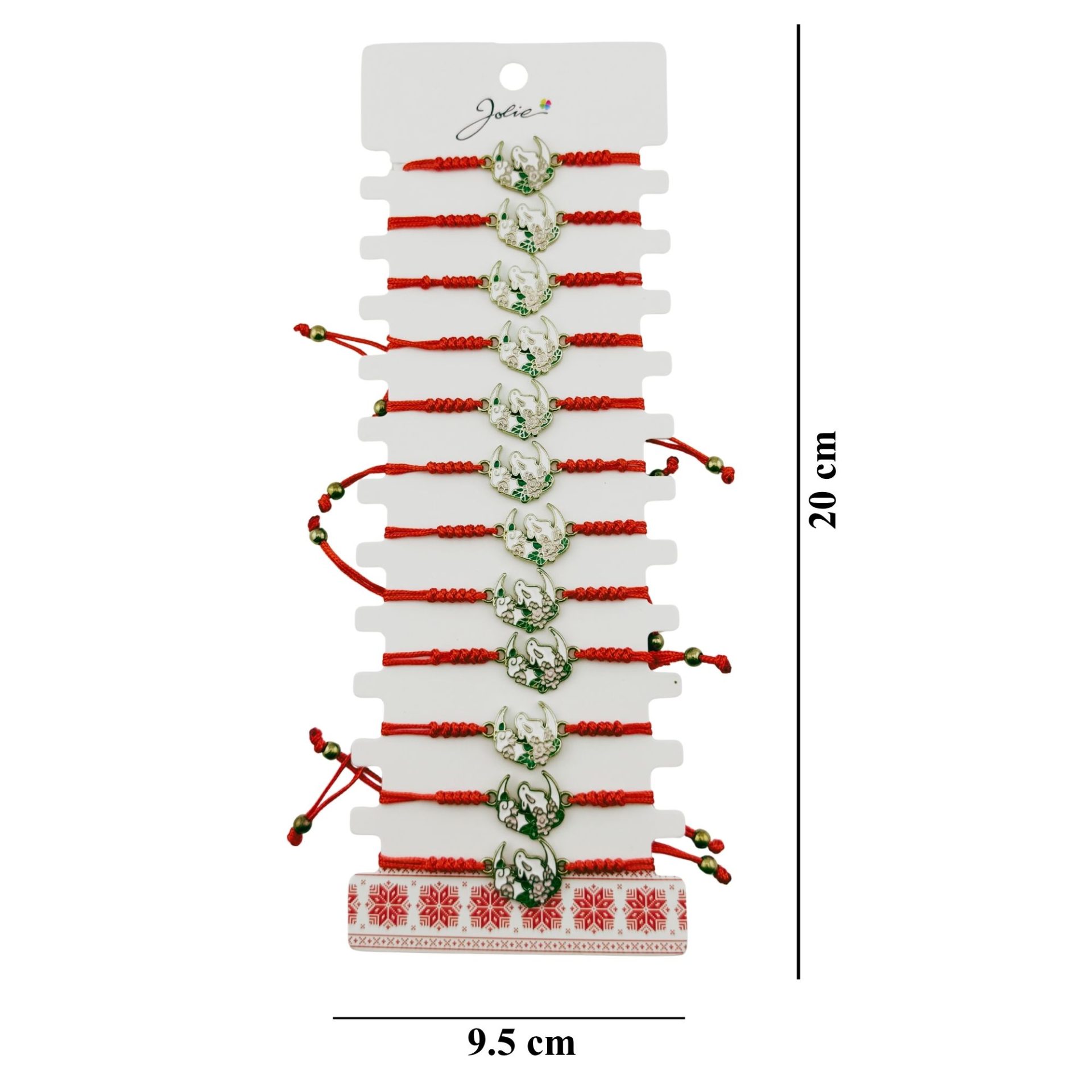 Martisor Bratara pentru Dama si Copii, Jolie, Model Iepuras pe Semiluna cu Flori, Set 12 bucati, Pandantiv Emailat, Snur Reglabil, Rosu/Multicolor 3