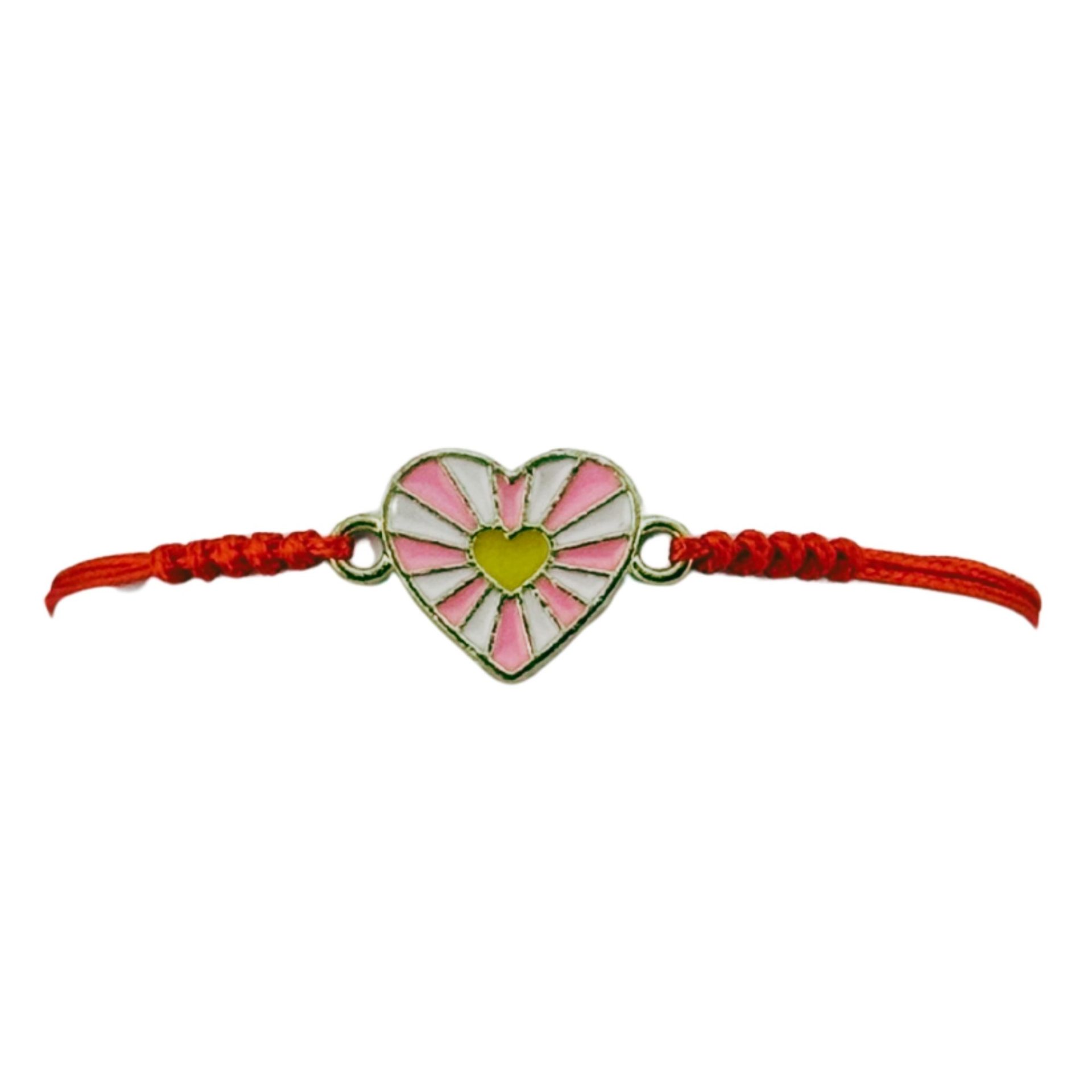 Martisor Bratara pentru Dama si Copii, Jolie, Model Inima cu Raze Roz si Galben, Set 12 bucati, Pandantiv Emailat, Snur Reglabil, Rosu 2