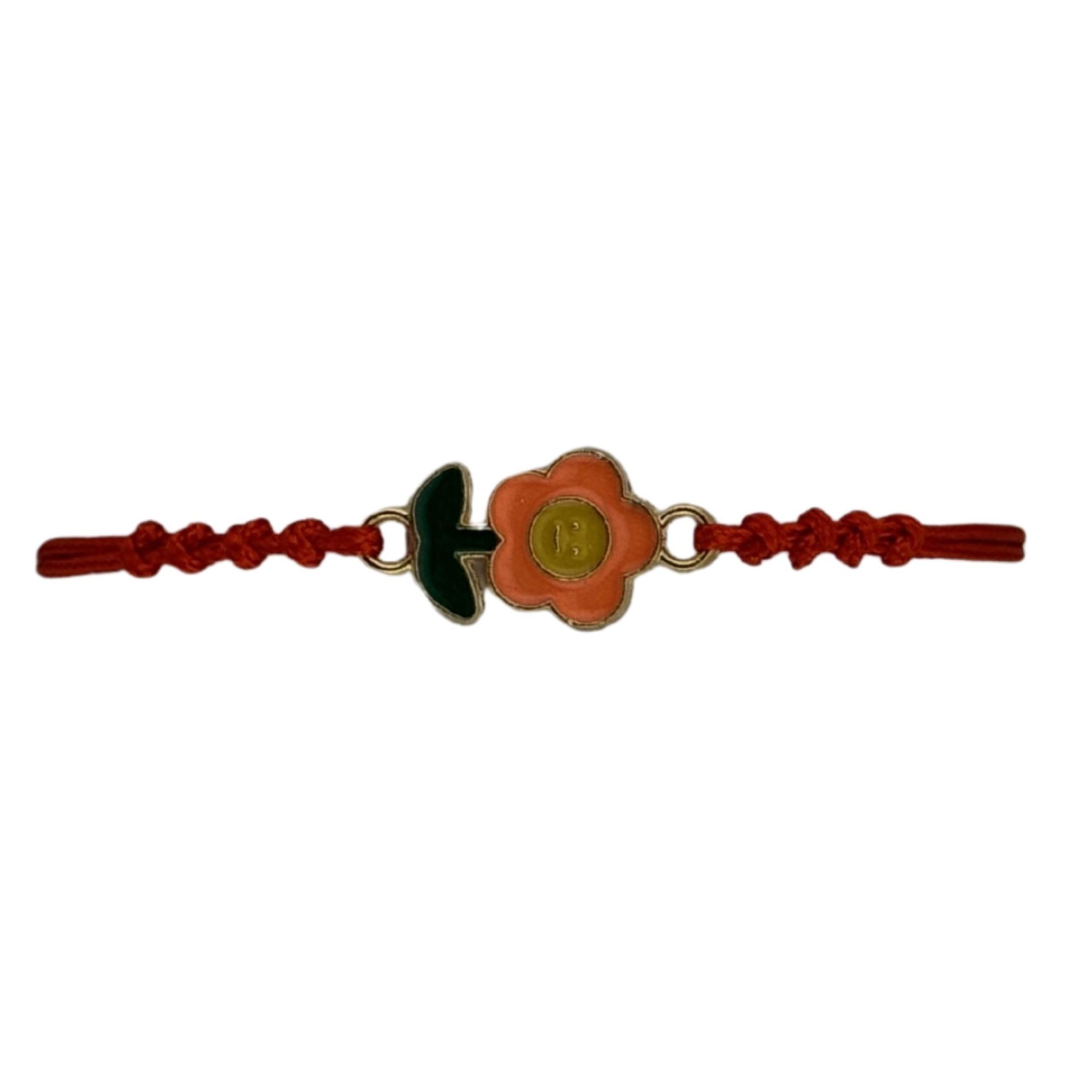 Martisor Bratara pentru Dama si Copii, Jolie, Model Floricica Zambitoare, Set 12 bucati, Pandantiv Emailat, Snur Reglabil, Rosu/Portocaliu 2