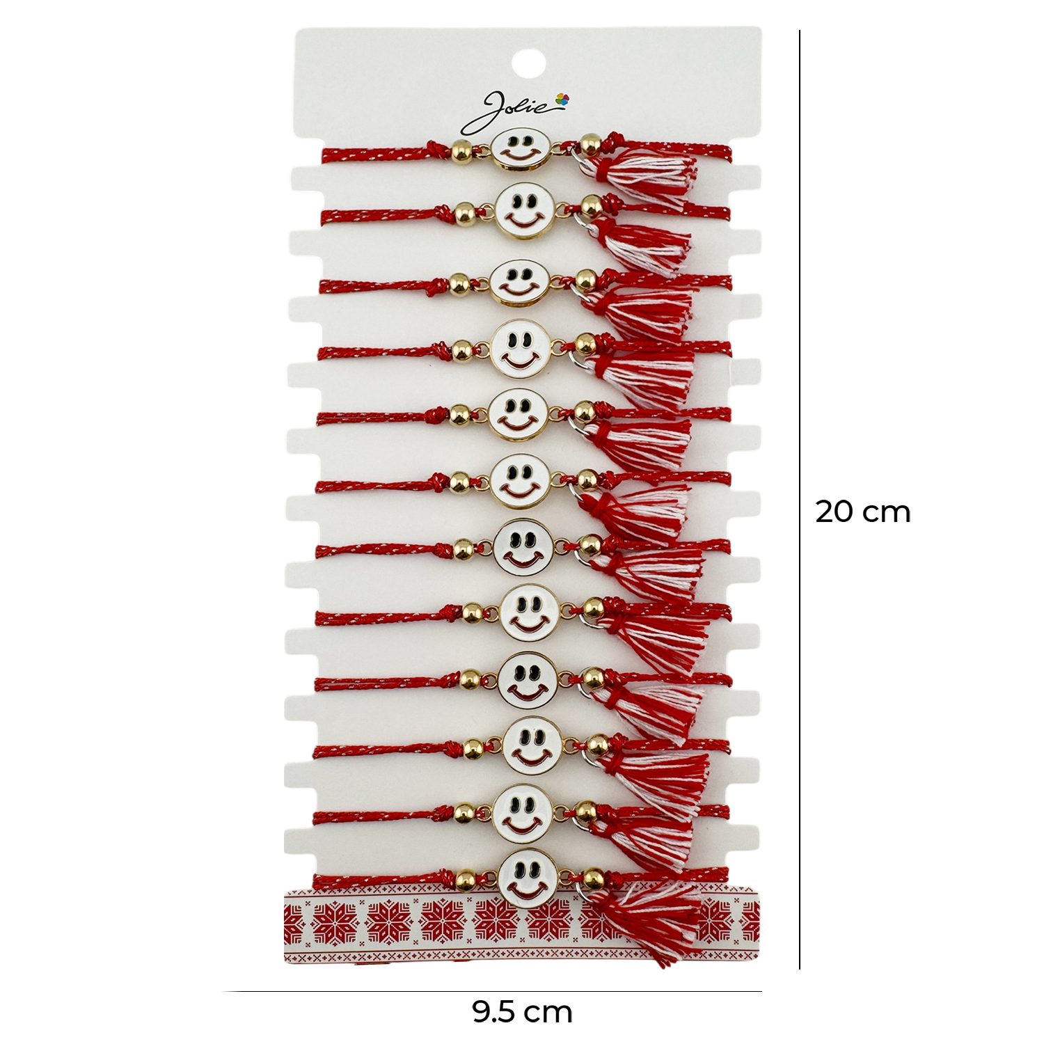 Martisor Bratara cu Ciucure pentru Dama, Jolie, Model Fata Zambitoare, Set 12 bucati, Pandativ din Inox, Snur Reglabil, Rosu/Alb 3