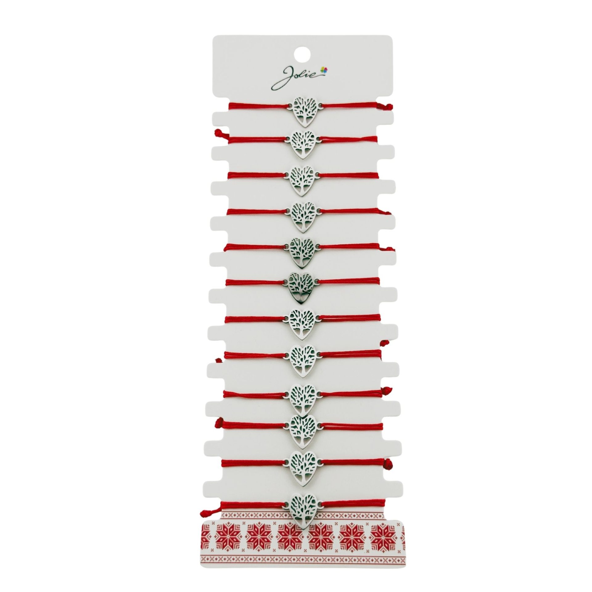 Bratara Martisor pentru Dama, Jolie, Model Copac in Inima, Set 12 bucati, Pandativ Argintiu din Inox cu Snur Rosu Ajustabil