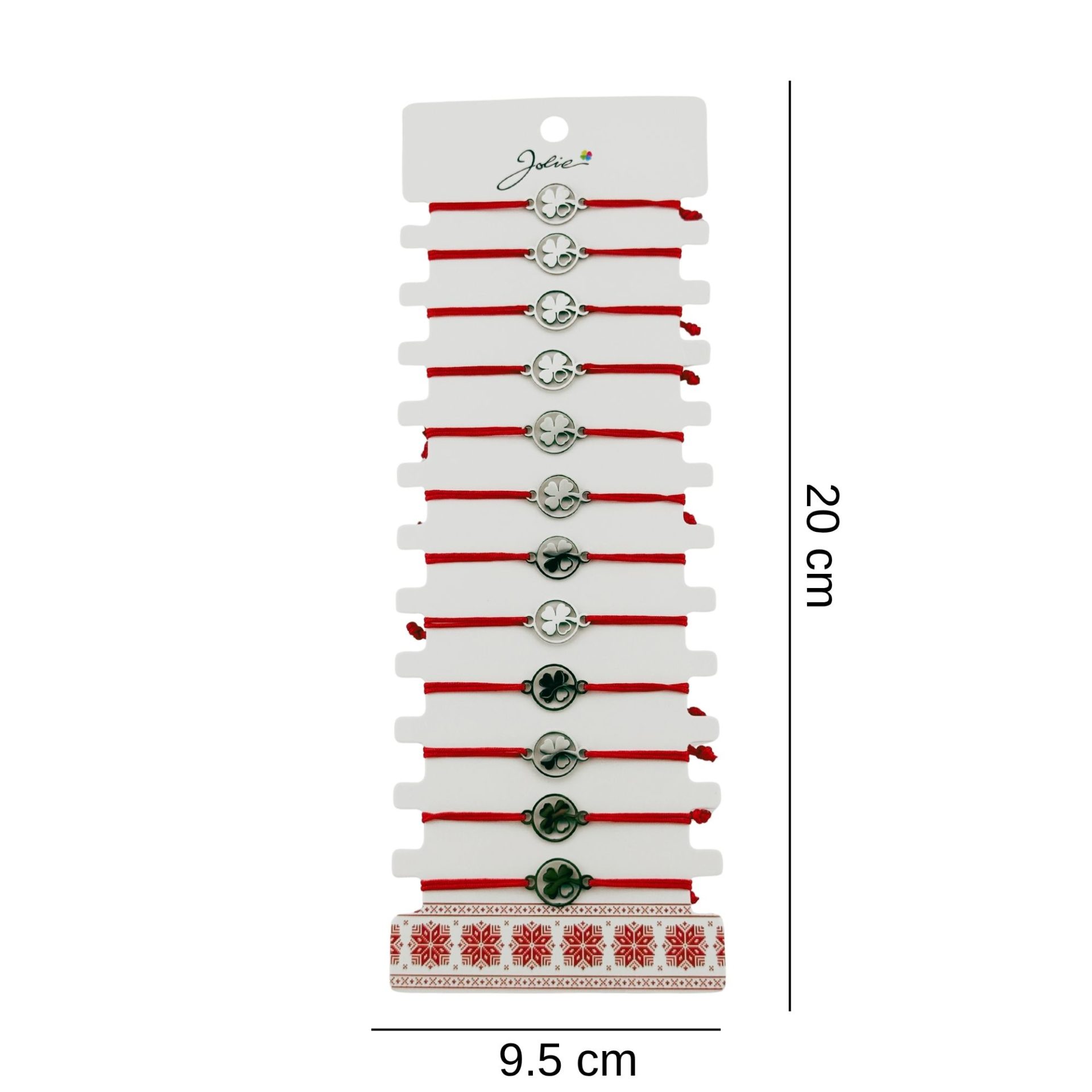 Bratara Martisor pentru Dama, Jolie, Model Trifoi cu Inima, Set 12 bucati, Pandativ Argintiu din Inox cu Snur Rosu Ajustabil 2