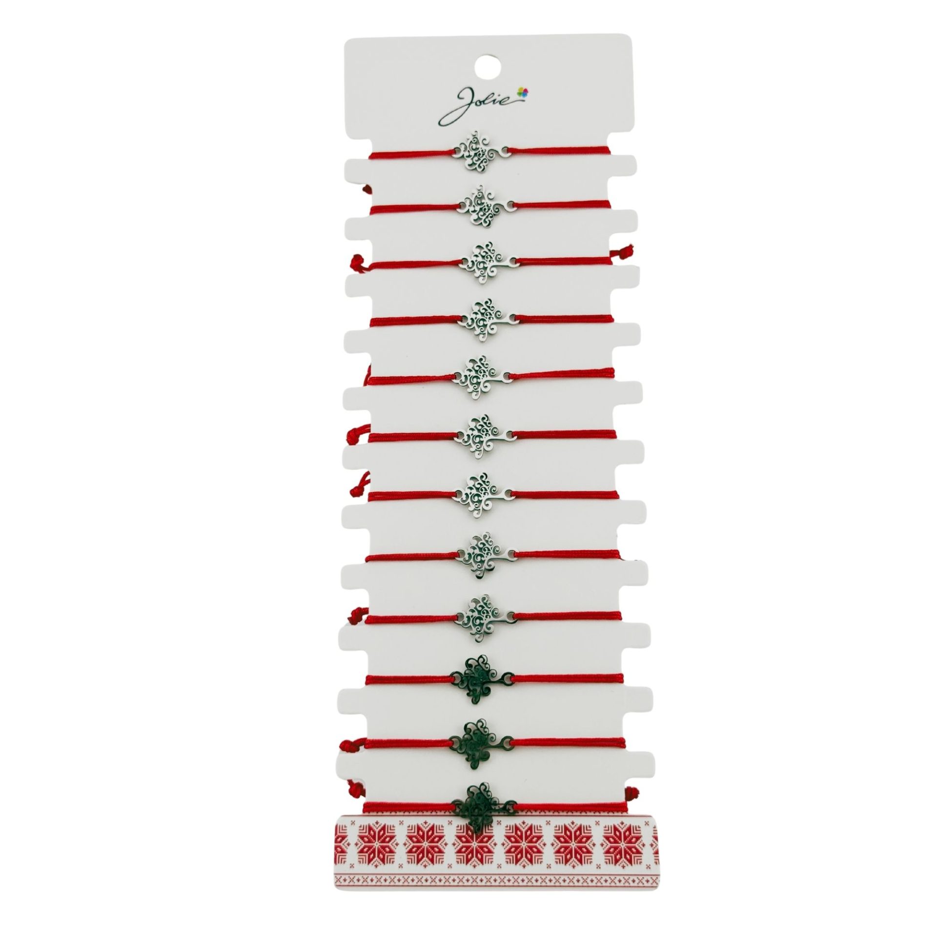 Bratara Martisor pentru Dama, Jolie, Model Copacul Vietii, Set 12 bucati, Pandativ Argintiu din Inox cu Snur Rosu Ajustabil