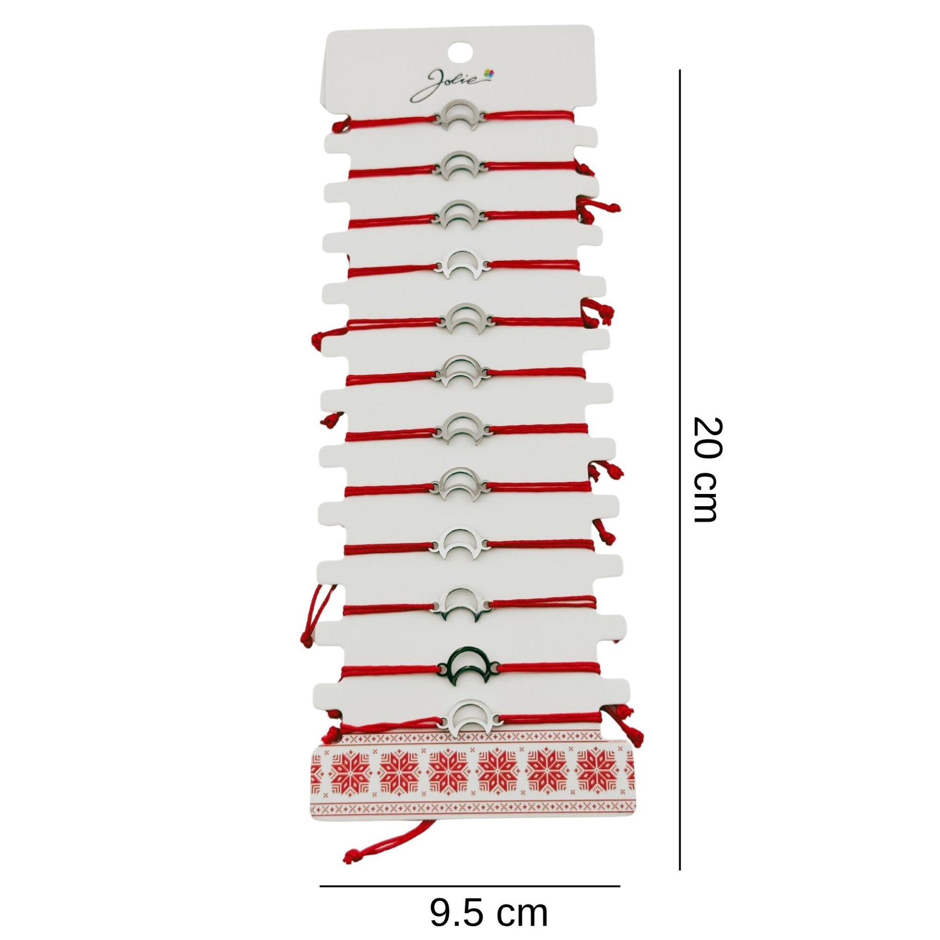 Bratara Martisor pentru Dama, Jolie, Model Semiluna, Set 12 bucati, Pandativ Argintiu din Inox cu Snur Rosu Ajustabil 2