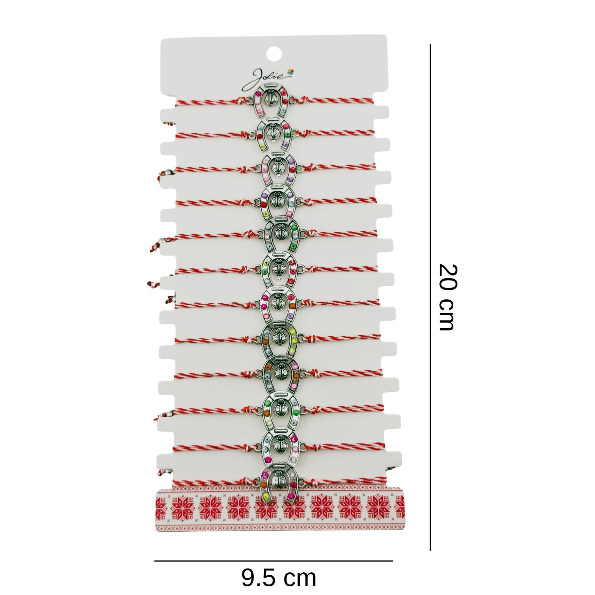 Bratara Martisor pentru Dama, Jolie, Model Potcoava, Set 12 bucati, Pandativ Argintiu din Inox cu Snur Alb-Rosu Ajustabil 2