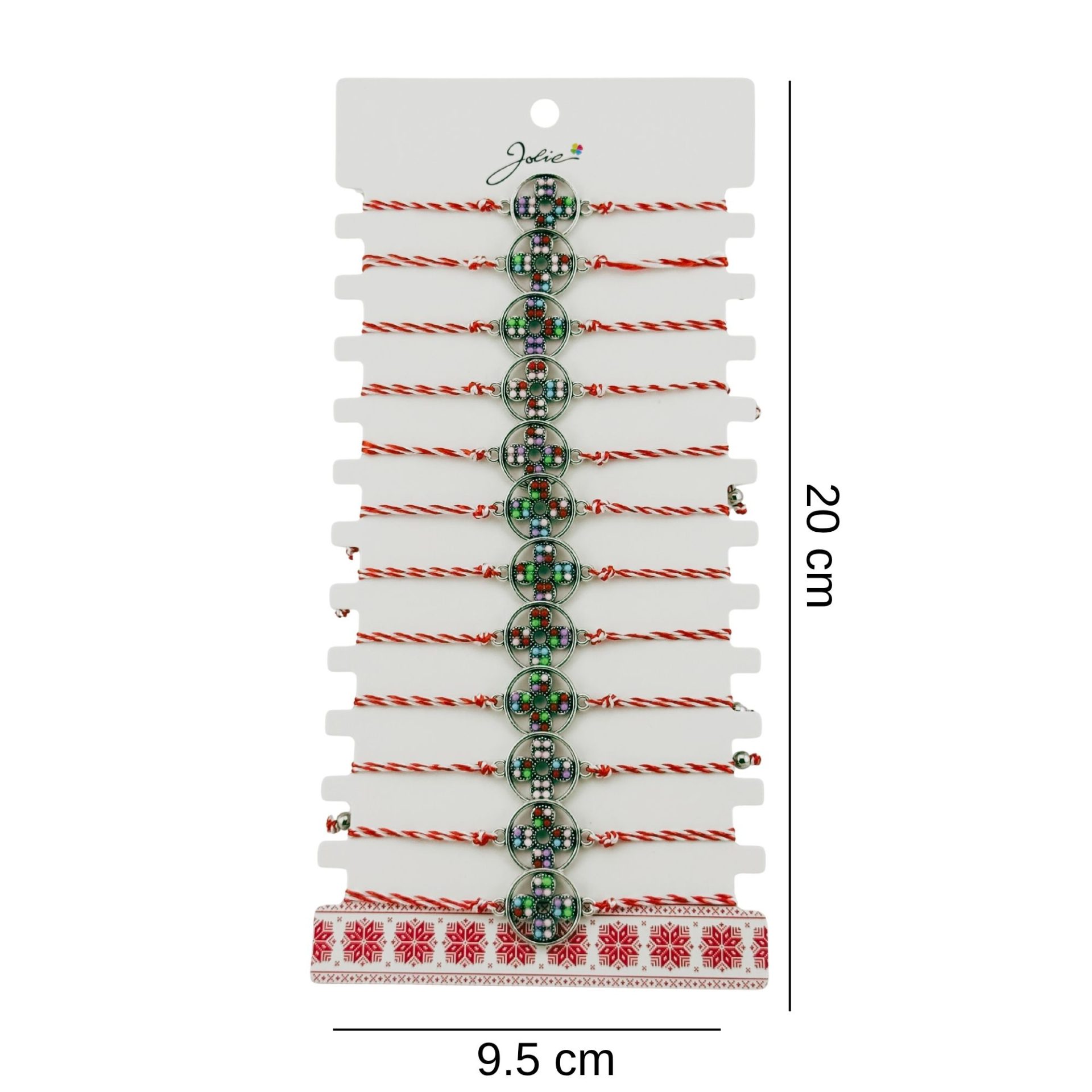 Bratara Martisor pentru Dama, Jolie, Model Floare, Set 12 bucati, Pandativ Argintiu din Inox cu Snur Alb-Rosu Ajustabil 2