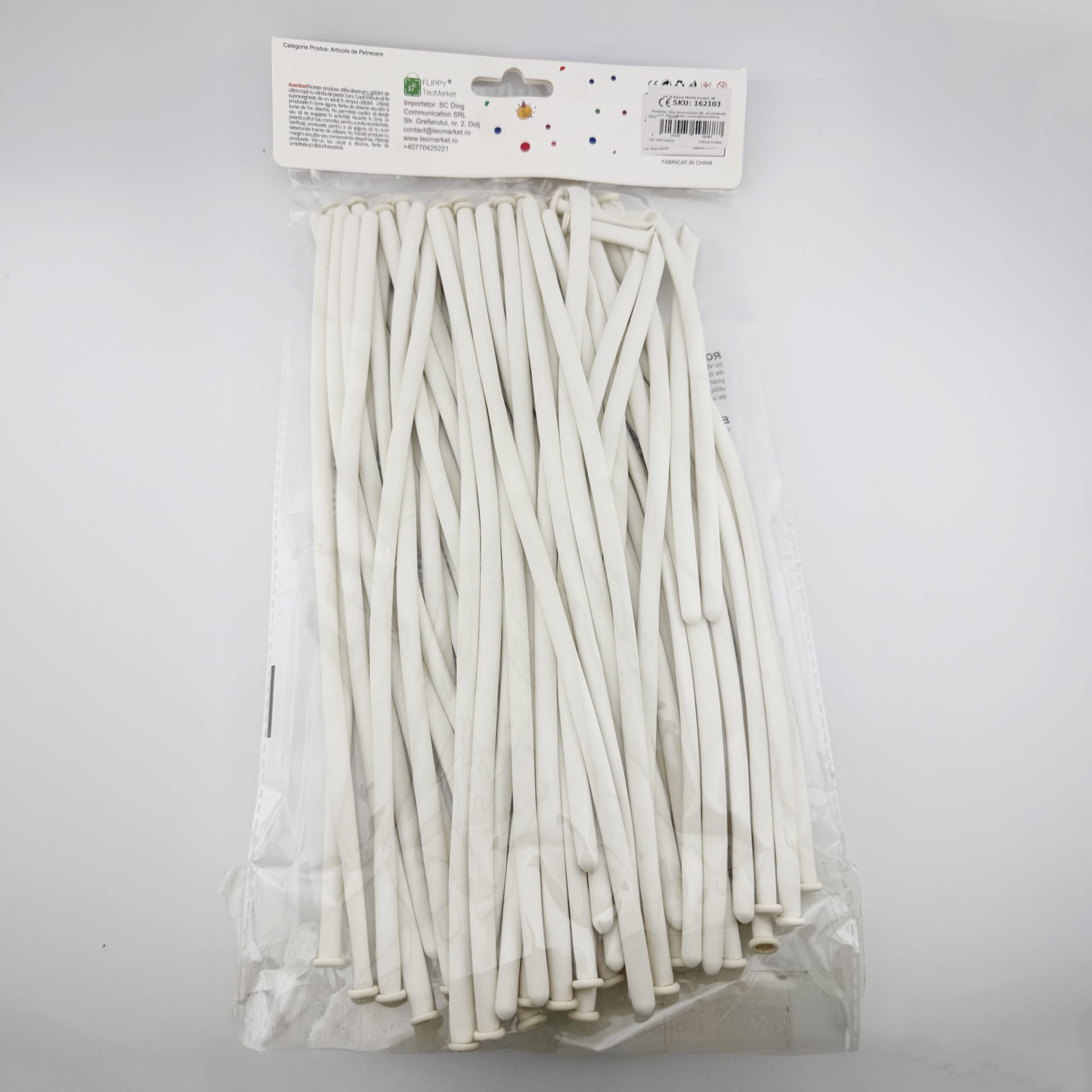Baloane de Modelaj, Flippy, Set 50 bucati, Model Standard, din Latex, 30 x 1.5 cm, 1.8 g per unitate, pana la 150 cm, Alb