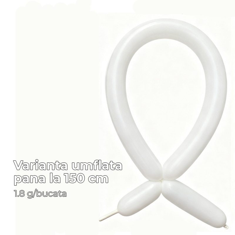 Baloane de Modelaj, Flippy, Set 50 bucati, Model Standard, din Latex, 30 x 1.5 cm, 1.8 g per unitate, pana la 150 cm, Alb