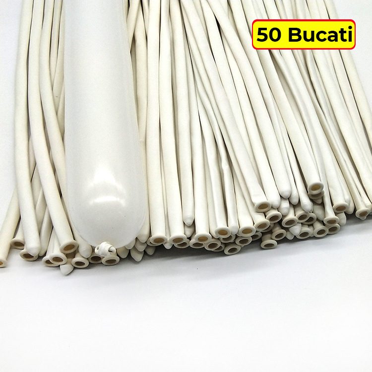 Baloane de Modelaj, Flippy, Set 50 bucati, Model Standard, din Latex, 30 x 1.5 cm, 1.8 g per unitate, pana la 150 cm, Alb
