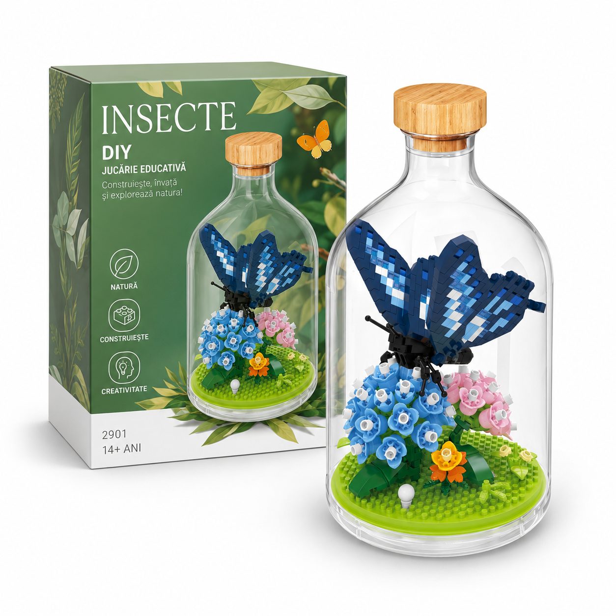 Set de Construit in Sticla, , 365 Piese, din Plastic, +14 Ani, 10 x 19.6 cm, Model Fluture Albastru, Flori Multicolore 3