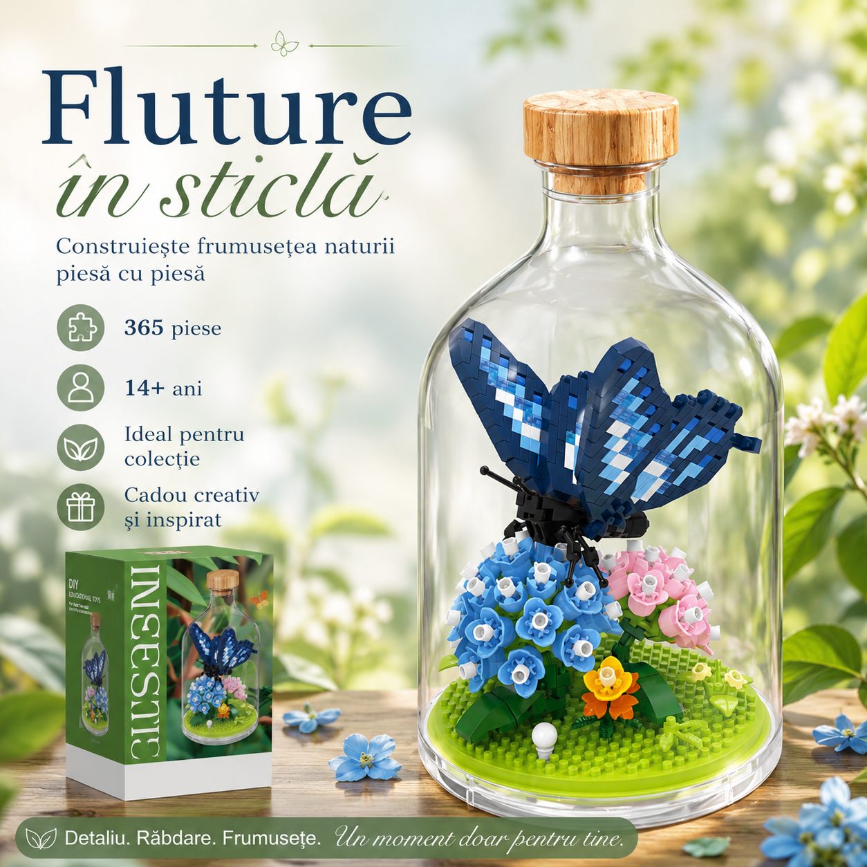 Set de Construit in Sticla, , 365 Piese, din Plastic, +14 Ani, 10 x 19.6 cm, Model Fluture Albastru, Flori Multicolore 2