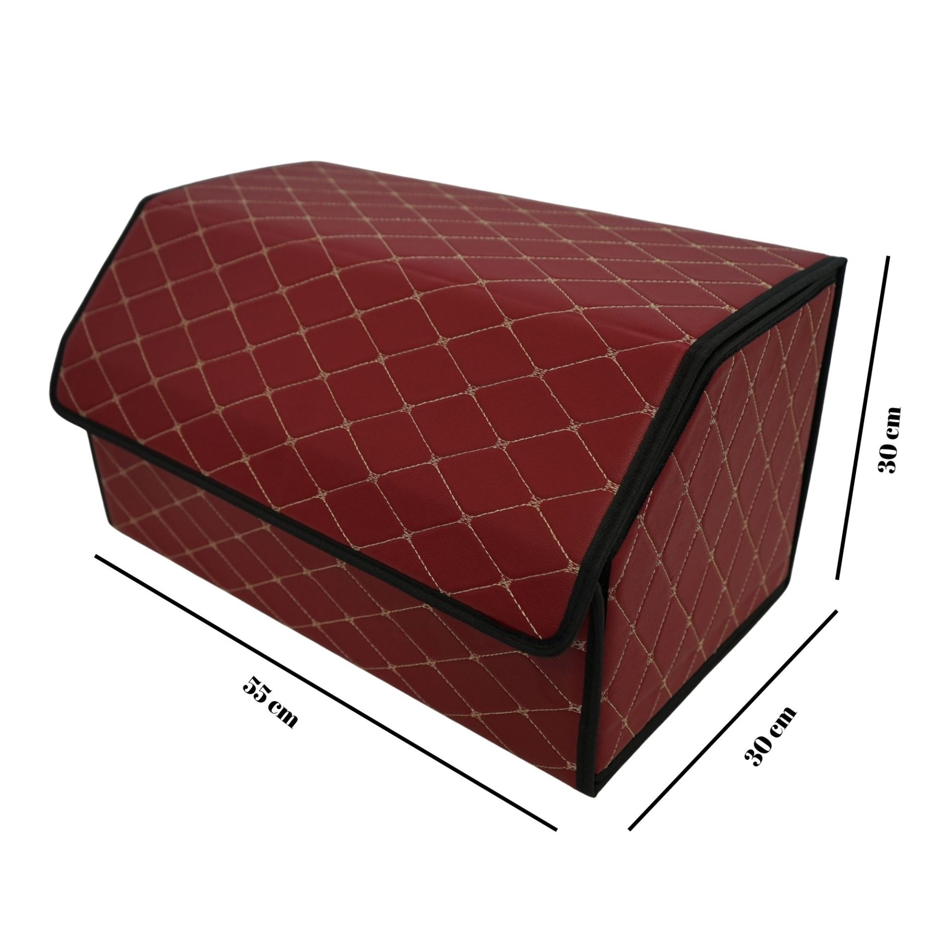 Cutie de Depozitare Auto, Flippy, Organizator Premium Portbagaj, Geanta Multifunctionala  din Piele Ecologica, 2 Compartimente Depozitare, Rezistent la Uzura si Pliabil, Bordo, 55 x 30 x 30cm