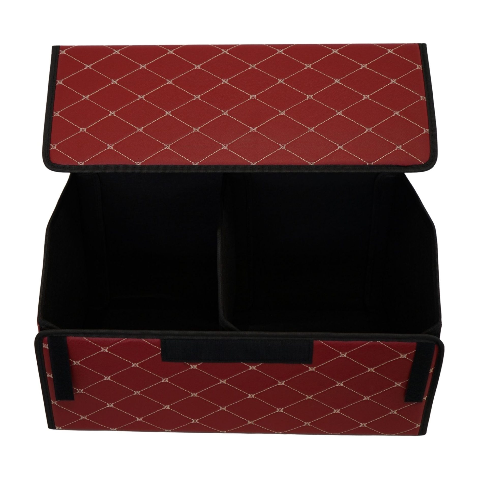 Cutie de Depozitare Auto, Flippy, Organizator Premium Portbagaj, Geanta Multifunctionala  din Piele Ecologica, 2 Compartimente Depozitare, Rezistent la Uzura si Pliabil, Bordo, 55 x 30 x 30cm