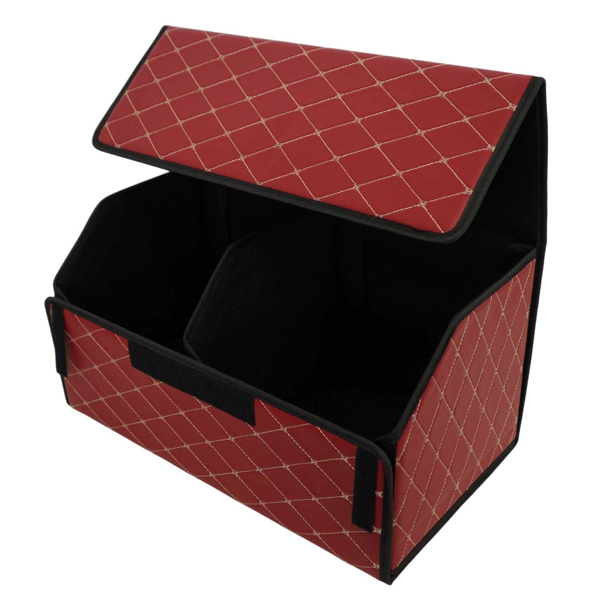 Cutie de Depozitare Auto, Flippy, Organizator Premium Portbagaj, Geanta Multifunctionala  din Piele Ecologica, 2 Compartimente Depozitare, Rezistent la Uzura si Pliabil, Bordo, 55 x 30 x 30cm