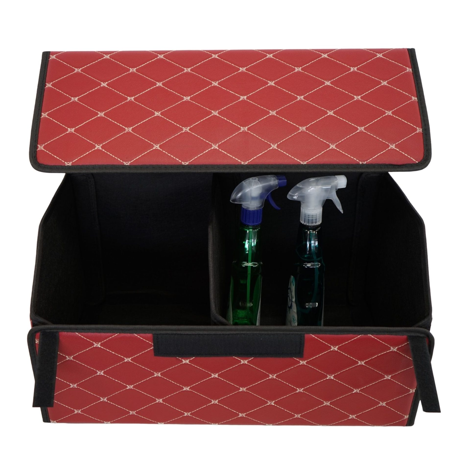 Cutie de Depozitare Auto, Flippy, Organizator Premium Portbagaj, Geanta Multifunctionala  din Piele Ecologica, 2 Compartimente Depozitare, Rezistent la Uzura si Pliabil, Bordo, 55 x 30 x 30cm