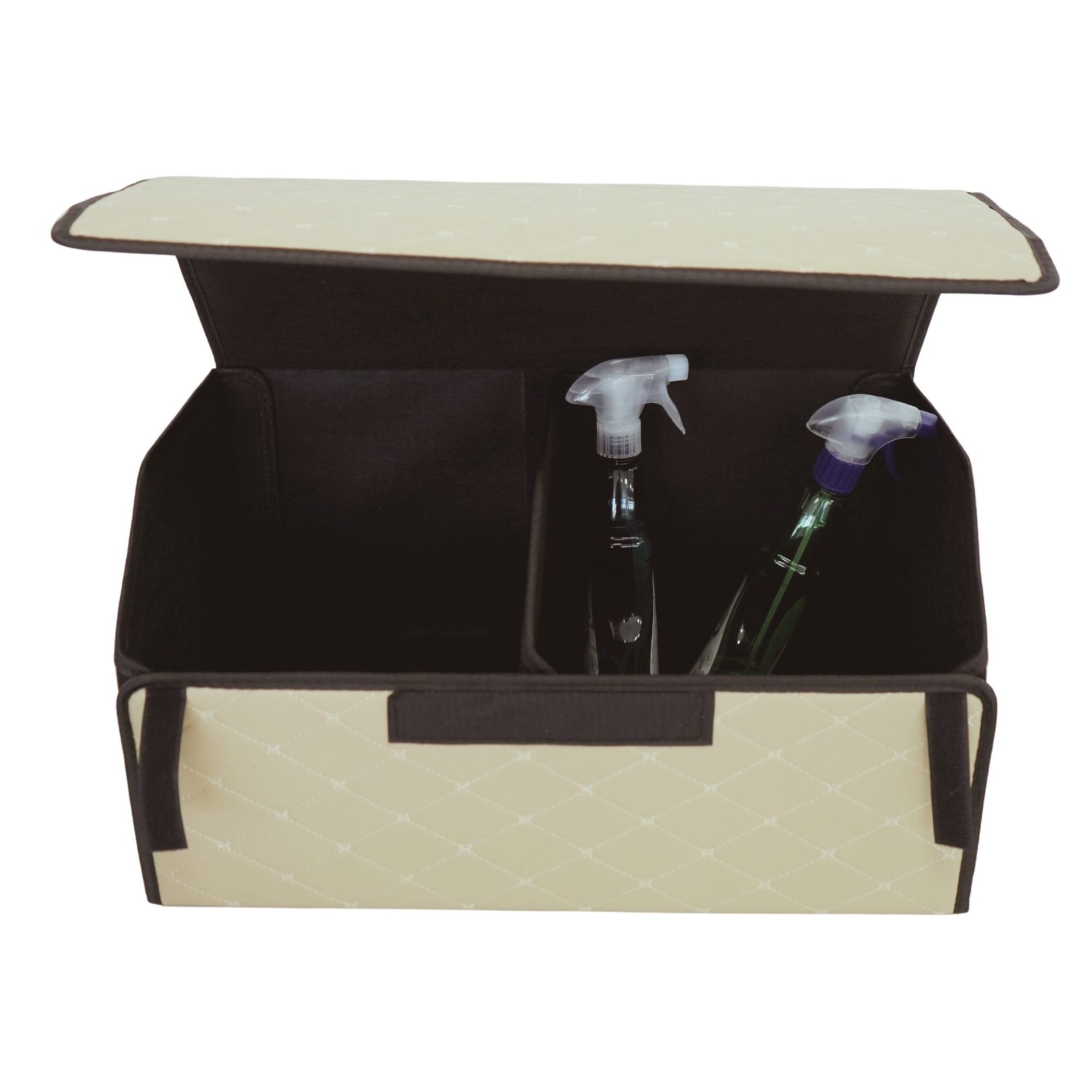 Cutie de Depozitare Auto, Flippy, Organizator Premium Portbagaj, 2 Compartimente Depozitare, Geanta Multifunctionala  din Piele Ecologica, Pliabil  si Rezistent la Uzura, Bej Deschis, 55 x 30 x 30cm