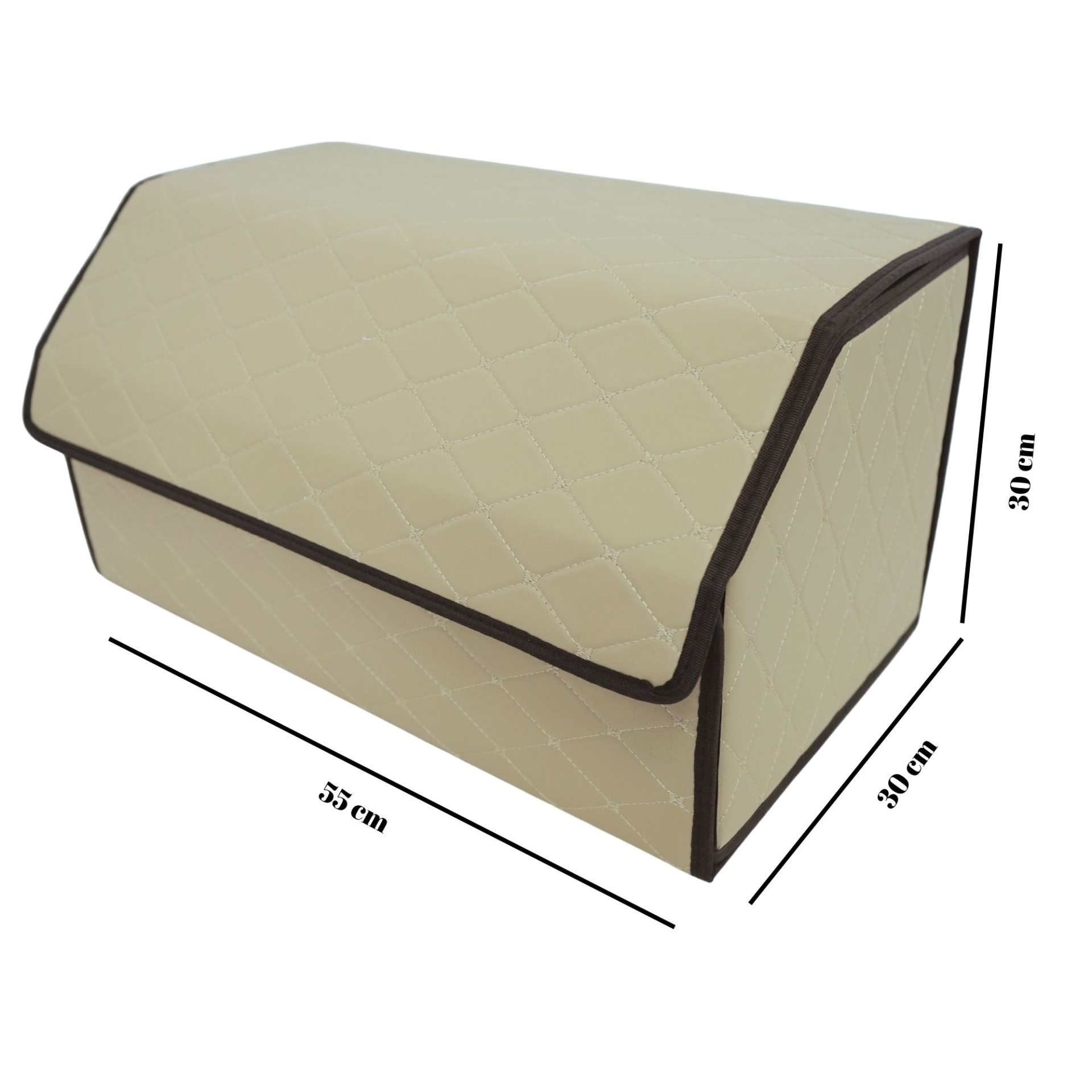 Cutie de Depozitare Auto, Flippy, Organizator Premium Portbagaj, 2 Compartimente Depozitare, Geanta Multifunctionala  din Piele Ecologica, Pliabil  si Rezistent la Uzura, Bej Deschis, 55 x 30 x 30cm