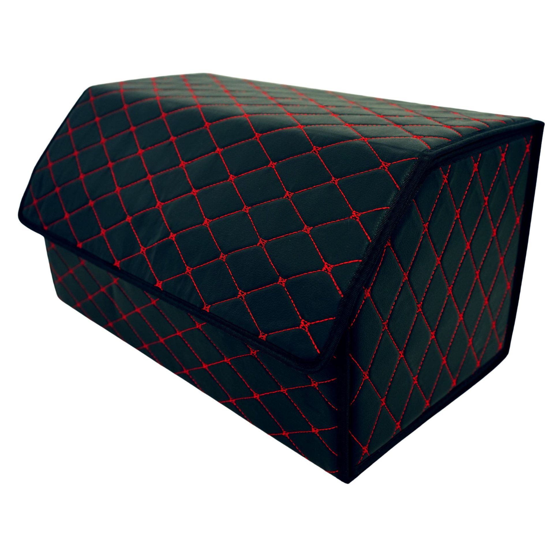 Cutie de Depozitare Auto, Flippy, Organizator Premium Portbagaj, Geanta Multifunctionala, Piele Ecologica, 2 Compartimente Depozitare, Pliabil  si Rezistent la Uzura, Negru/Rosu, 55 x 30 x 30cm