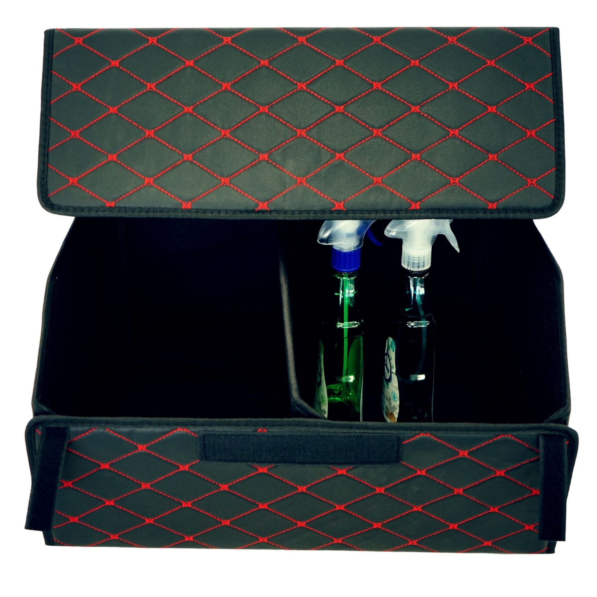 Cutie de Depozitare Auto, Flippy, Organizator Premium Portbagaj, Geanta Multifunctionala, Piele Ecologica, 2 Compartimente Depozitare, Pliabil  si Rezistent la Uzura, Negru/Rosu, 55 x 30 x 30cm