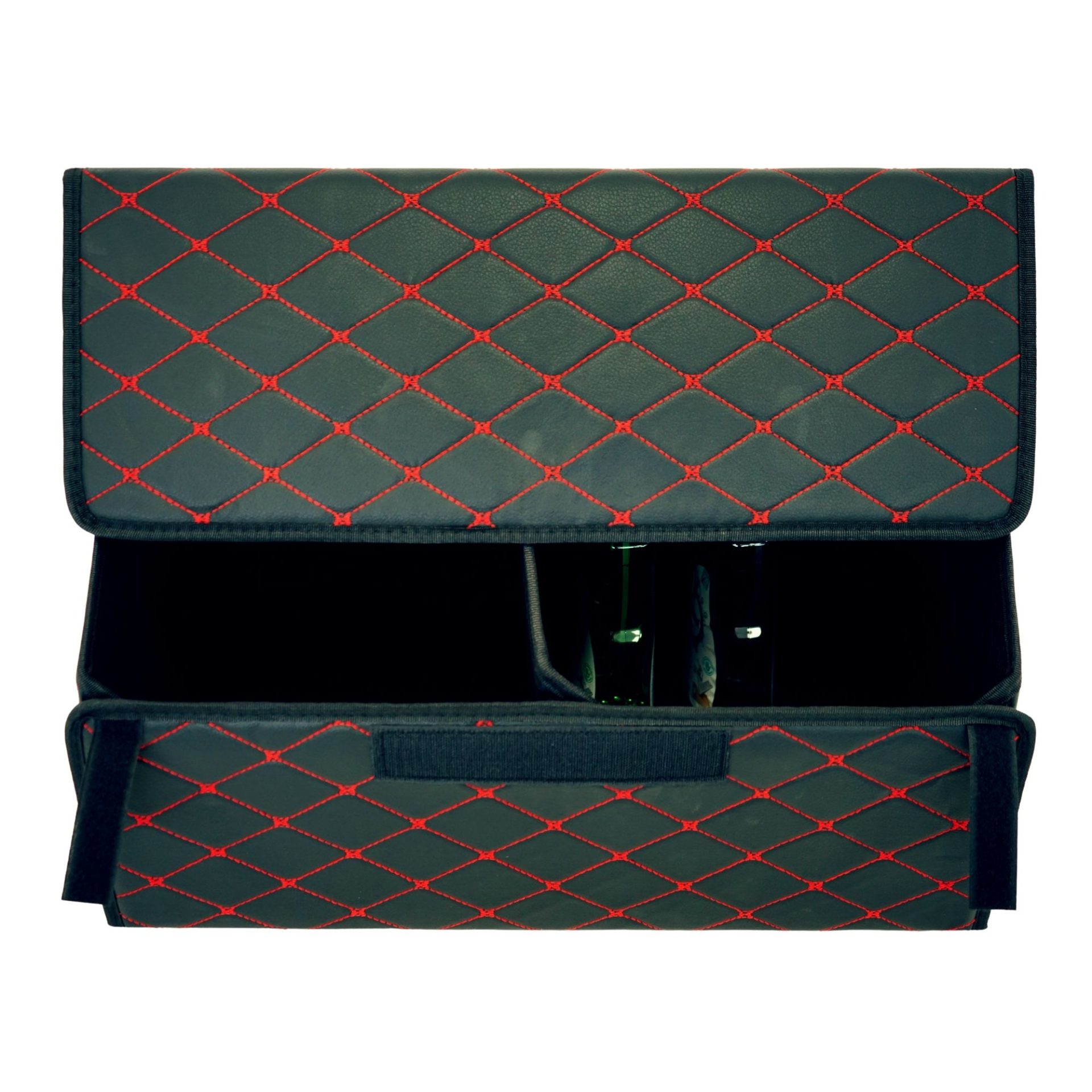 Cutie de Depozitare Auto, Flippy, Organizator Premium Portbagaj, Geanta Multifunctionala, Piele Ecologica, 2 Compartimente Depozitare, Pliabil  si Rezistent la Uzura, Negru/Rosu, 55 x 30 x 30cm