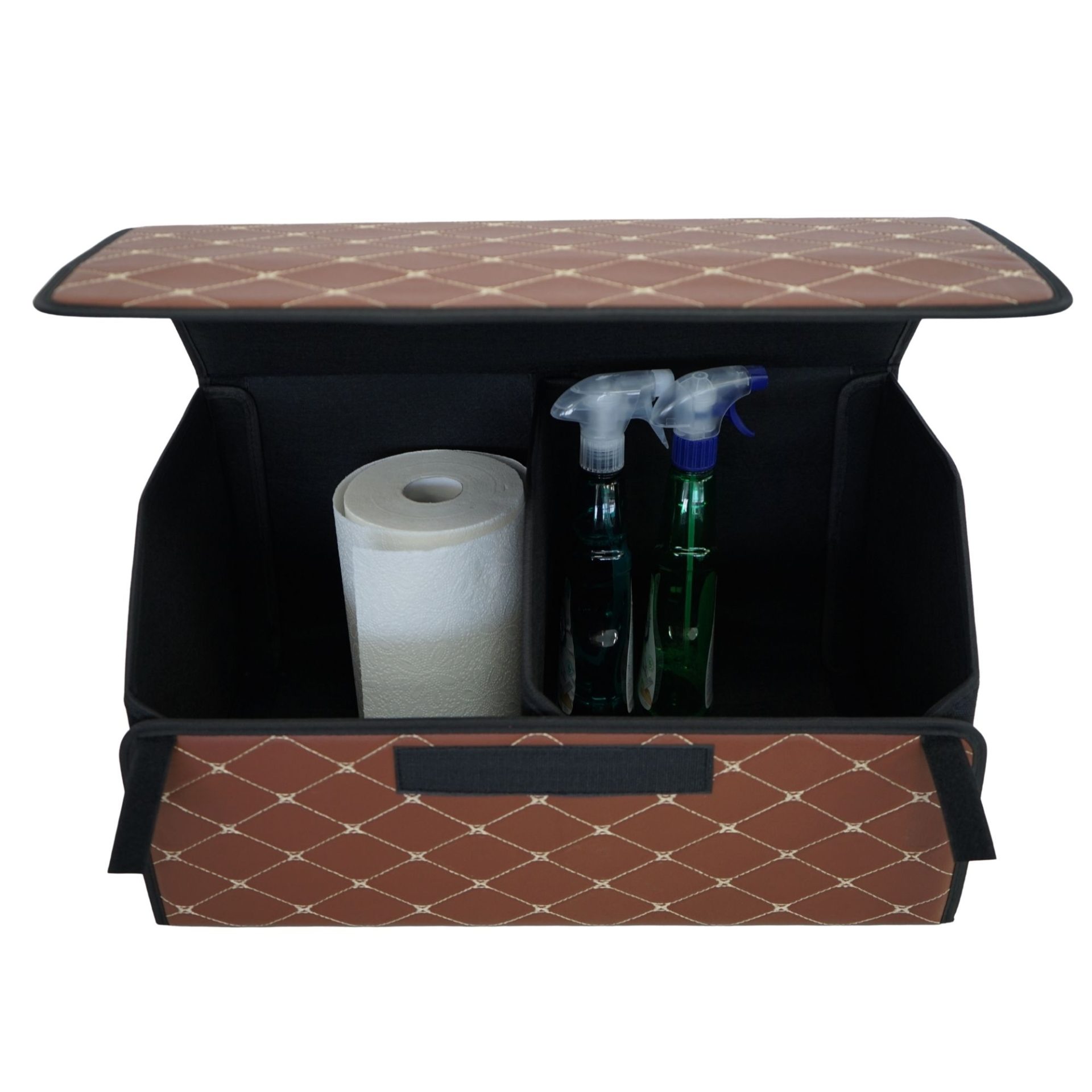 Cutie de Depozitare Auto, Flippy, Organizator Premium Portbagaj, Geanta Multifunctionala  din Piele Ecologica, 2 Compartimente Depozitare, Pliabil, Rezistent la Uzura, Maro Inchis, 55 x 30 x 30cm