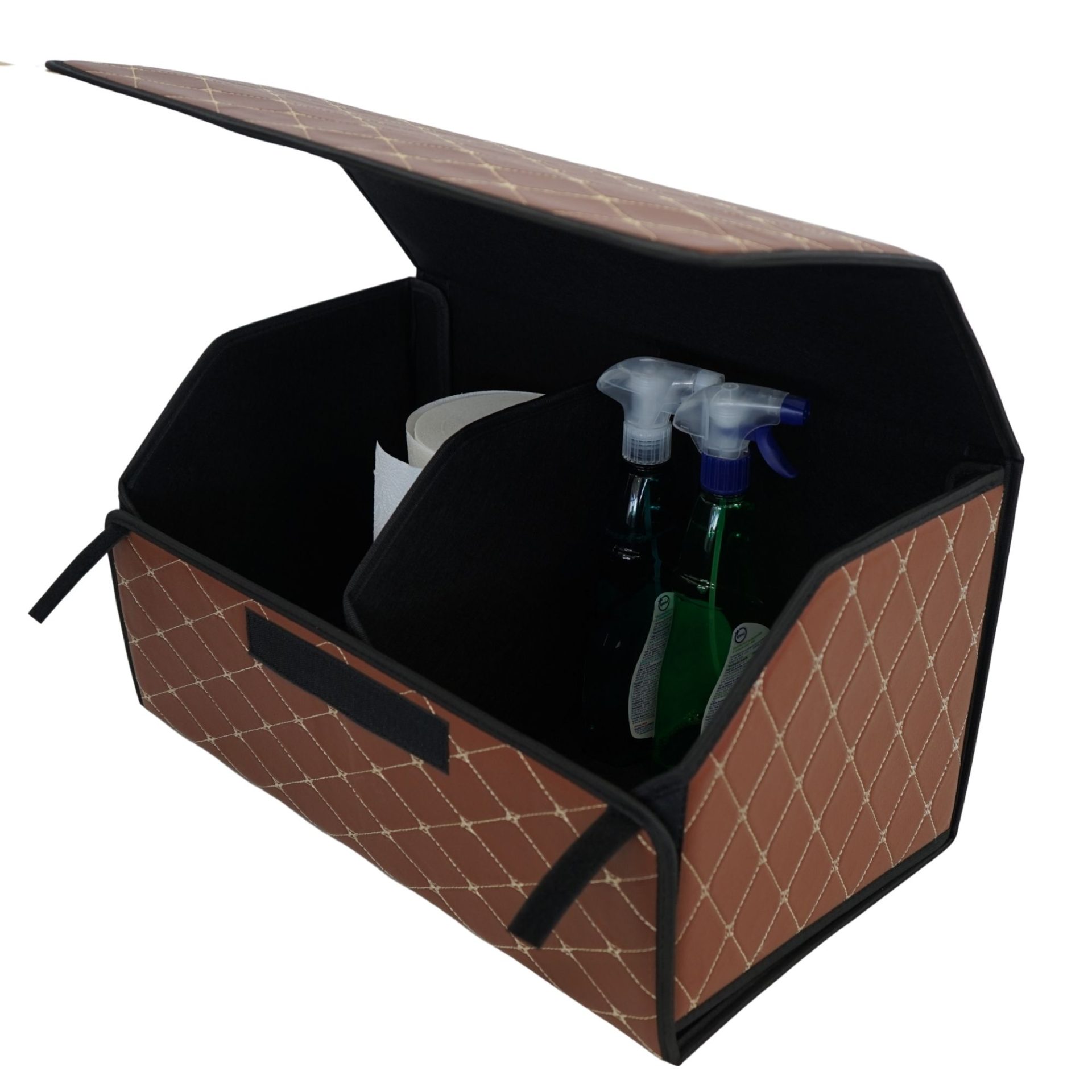 Cutie de Depozitare Auto, Flippy, Organizator Premium Portbagaj, Geanta Multifunctionala  din Piele Ecologica, 2 Compartimente Depozitare, Pliabil, Rezistent la Uzura, Maro Inchis, 55 x 30 x 30cm