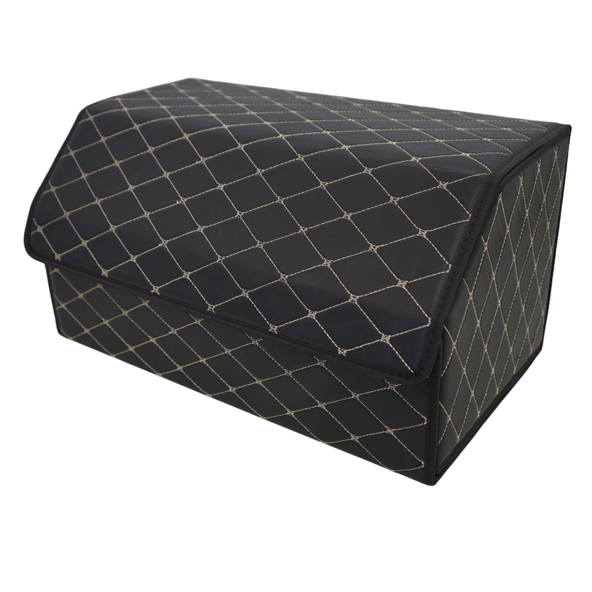 Cutie de Depozitare Auto, Flippy, Organizator Premium Portbagaj, Geanta Multifunctionala, Piele Ecologica, Pliabil  si Rezistent la Uzura, 2 Compartimente Depozitare, Pliabil  si Rezistent la Uzura, Negru/Alb, 55 x 30 x 30cm