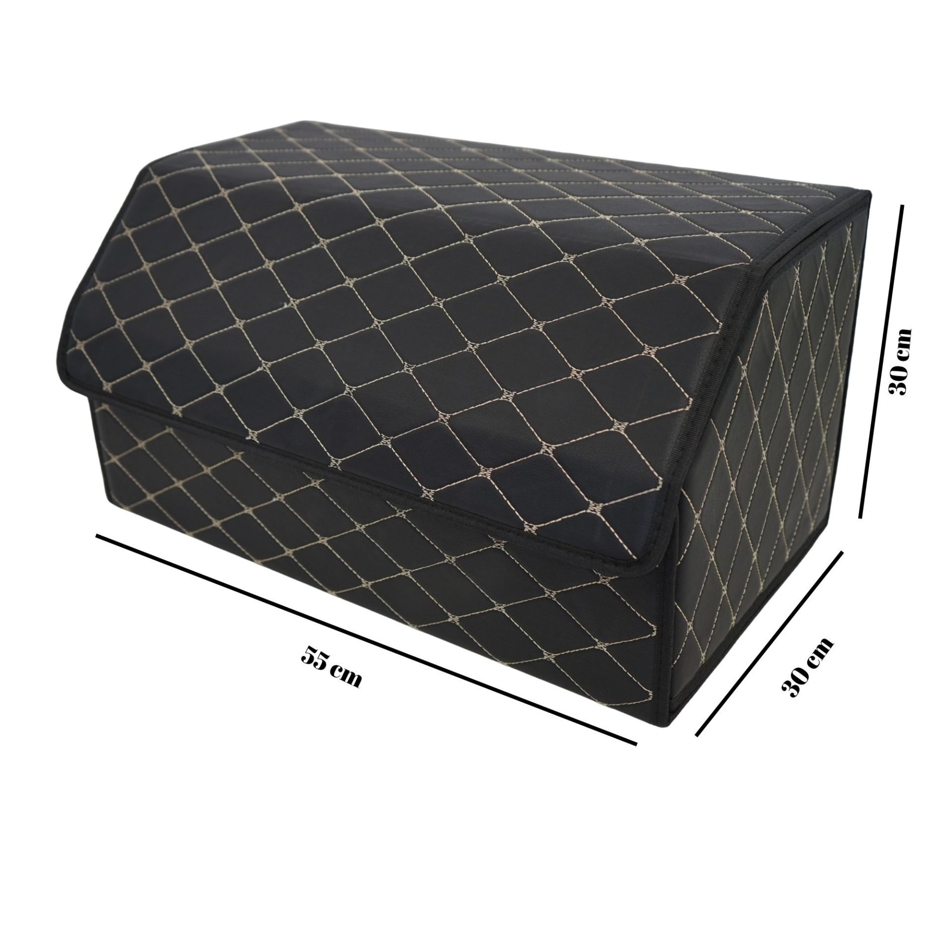 Cutie de Depozitare Auto, Flippy, Organizator Premium Portbagaj, Geanta Multifunctionala, Piele Ecologica, Pliabil  si Rezistent la Uzura, 2 Compartimente Depozitare, Pliabil  si Rezistent la Uzura, Negru/Alb, 55 x 30 x 30cm