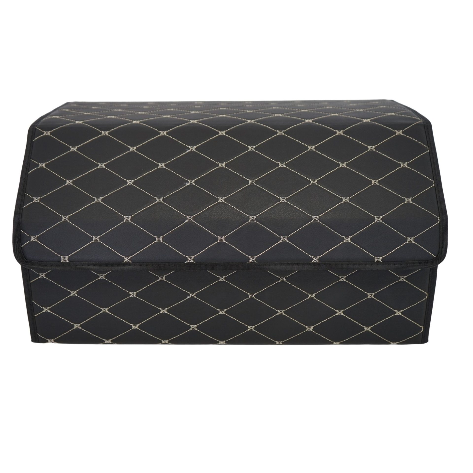 Cutie de Depozitare Auto, Flippy, Organizator Premium Portbagaj, Geanta Multifunctionala, Piele Ecologica, Pliabil  si Rezistent la Uzura, 2 Compartimente Depozitare, Pliabil  si Rezistent la Uzura, Negru/Alb, 55 x 30 x 30cm