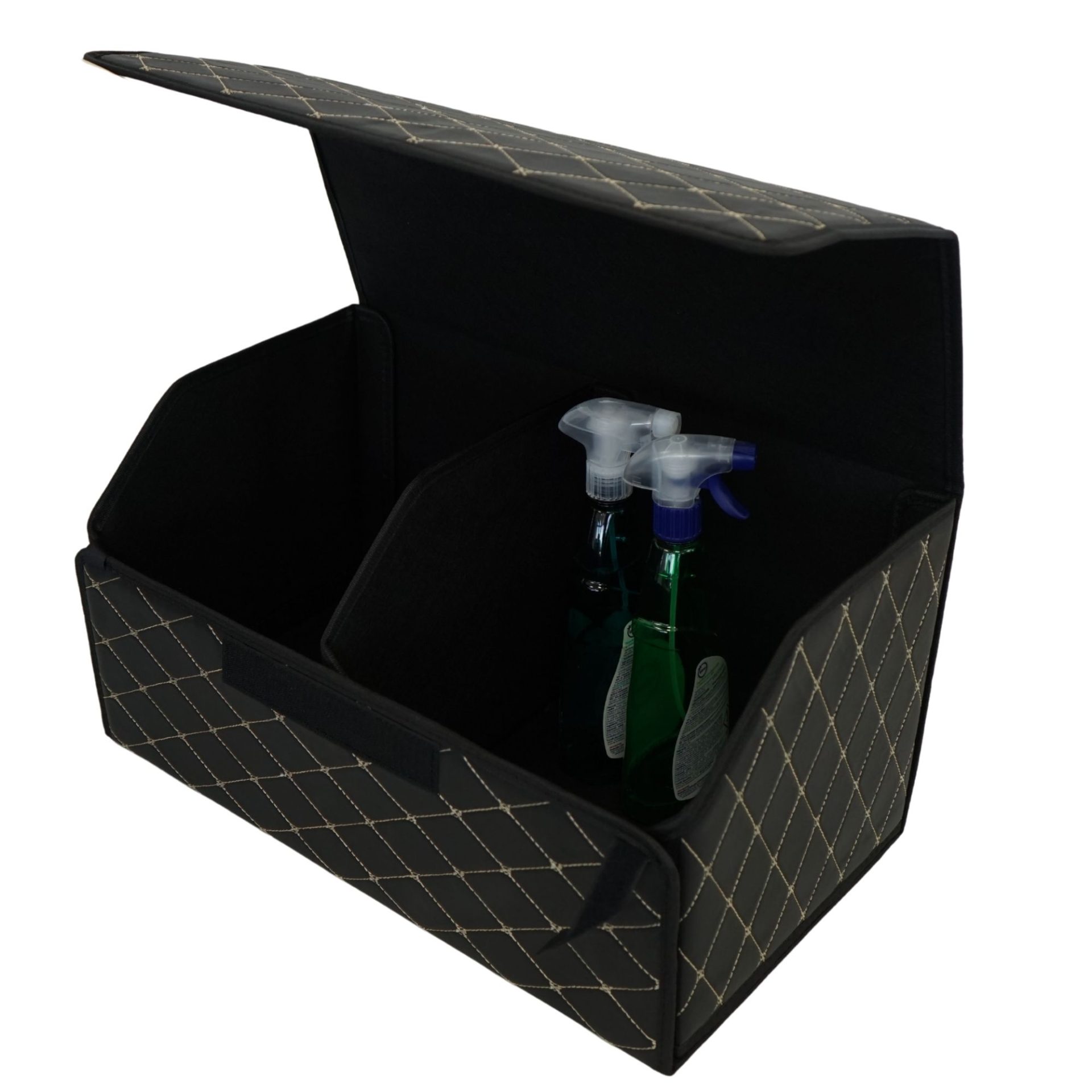 Cutie de Depozitare Auto, Flippy, Organizator Premium Portbagaj, Geanta Multifunctionala, Piele Ecologica, Pliabil  si Rezistent la Uzura, 2 Compartimente Depozitare, Pliabil  si Rezistent la Uzura, Negru/Alb, 55 x 30 x 30cm